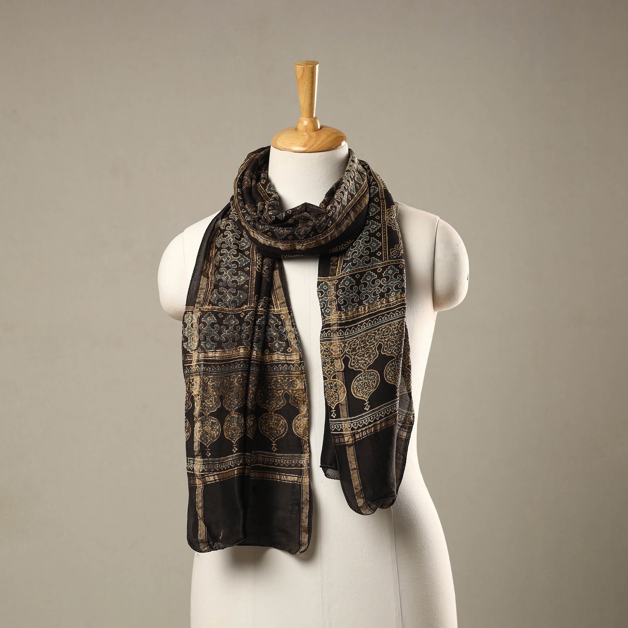 RIYAZ ABDULMAJID KHATRI - AJRAKH Brown - Handloom Chanderi Silk Block Printed Ajrakh Stole 10