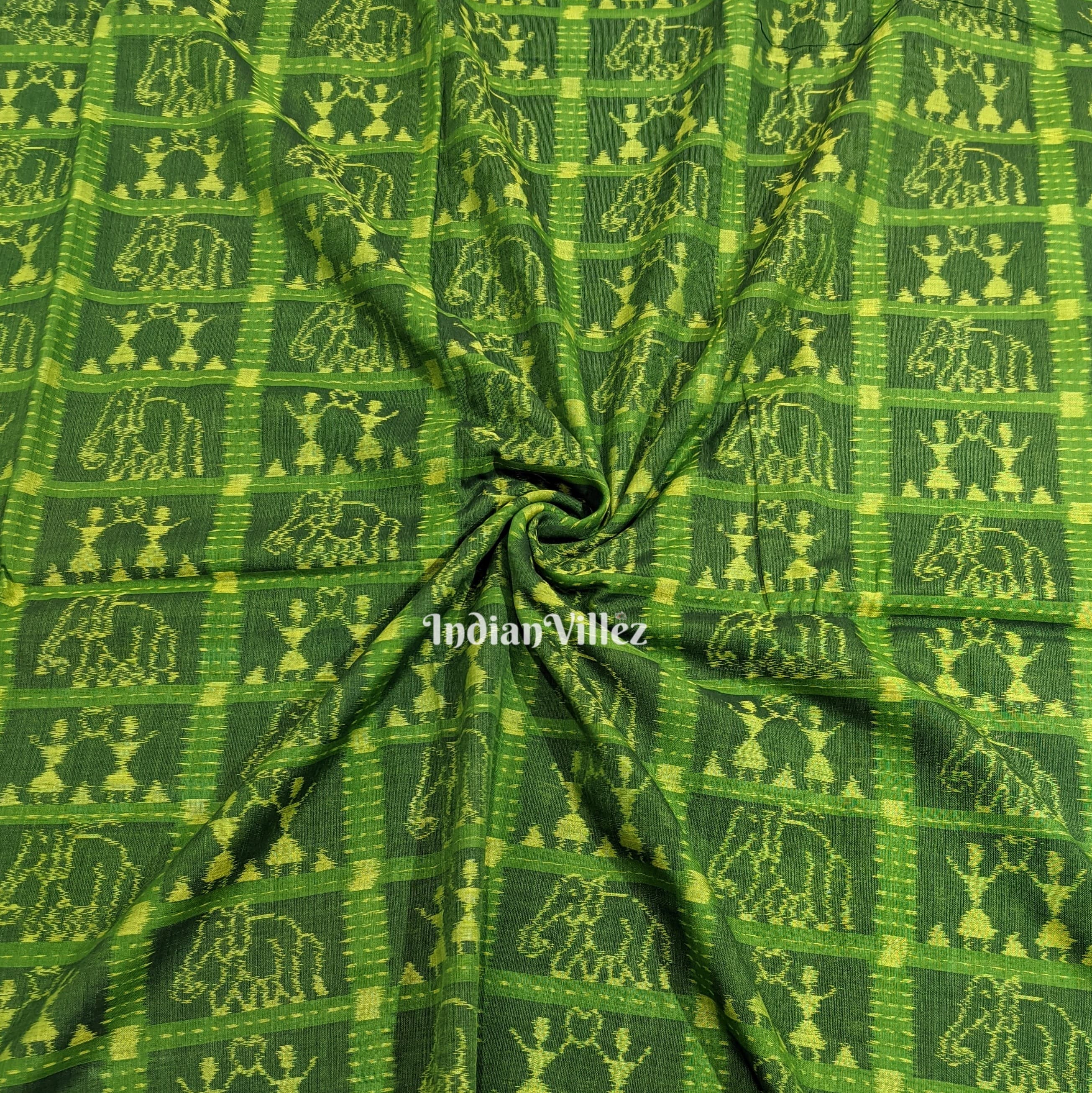 IndianVillèz Army Green Dual Tone Sambalpuri Ikat Cotton Fabric