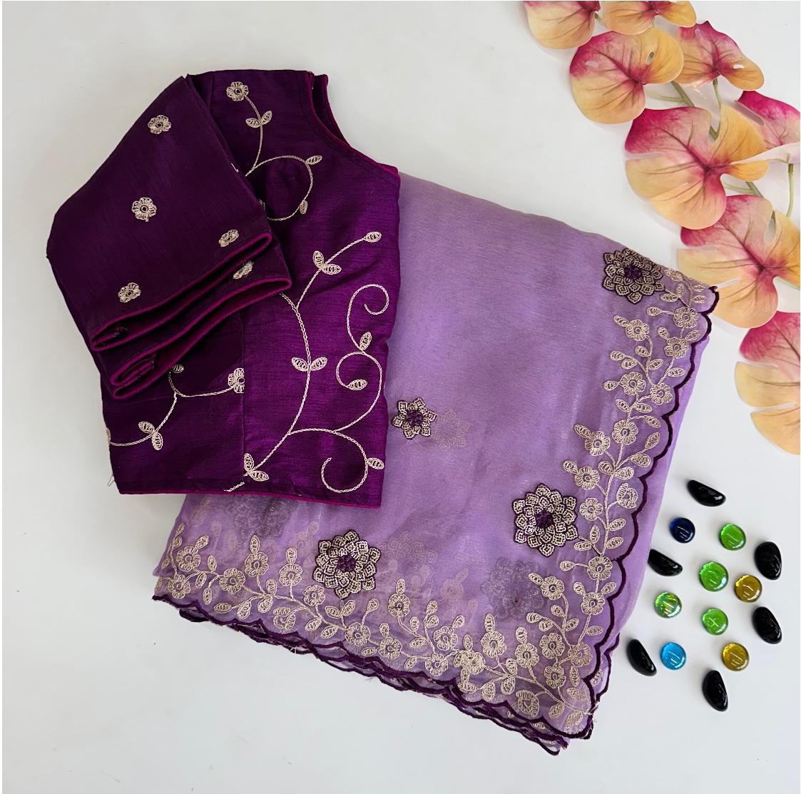 ClothsVilla Purple Kasoli Silk Saree with Beautiful Embroidery and Contrast Thread Work - view 3