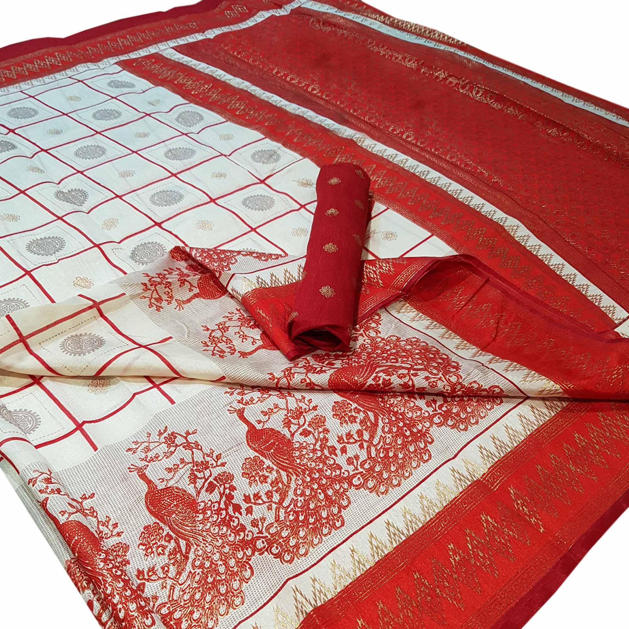 Peachmode Majesty White Colored Festive Wear Foil Printed Silk Saree