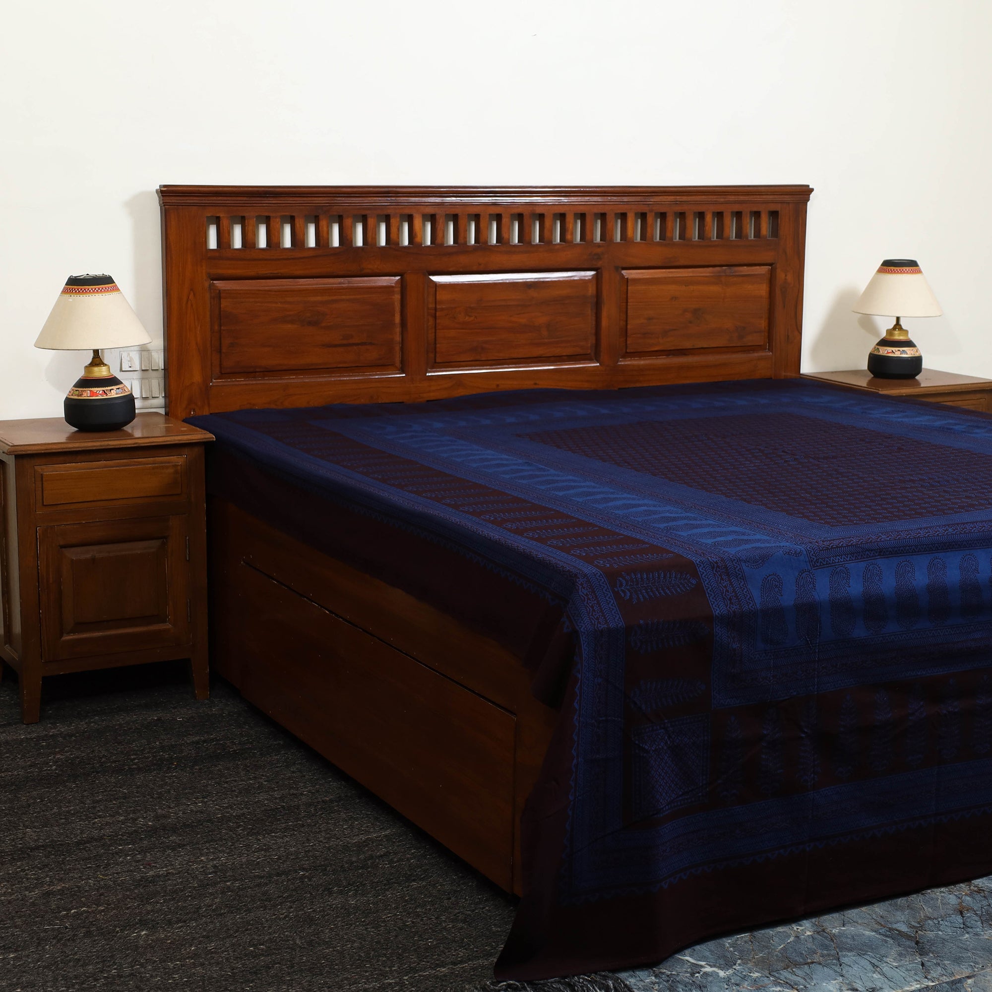 BAGH PRINTS BY ABDUL KADAR KHATRI Blue - Block Print Cotton Bagh Double Bed Sheet (108 x 90 in) 27