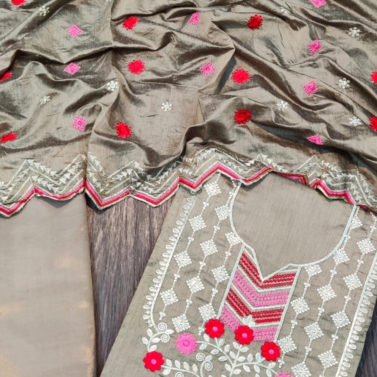 Peachmode Flaunt Beige Colored Casual Wear Embroidered Chanderi Dress Material - view 3