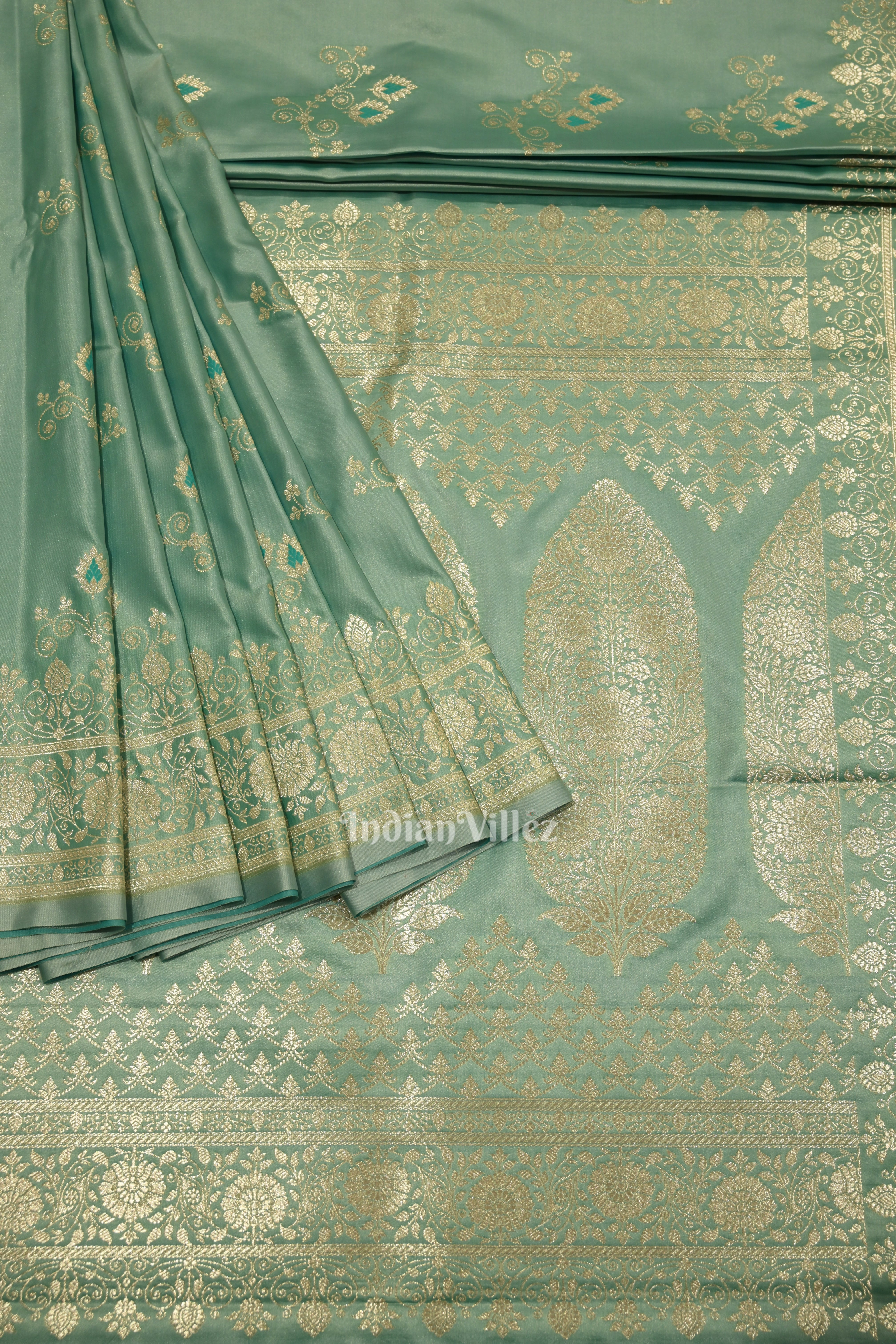 IndianVillèz Pastel Green Soft Pure Mashru Satin Silk Banarasi Saree