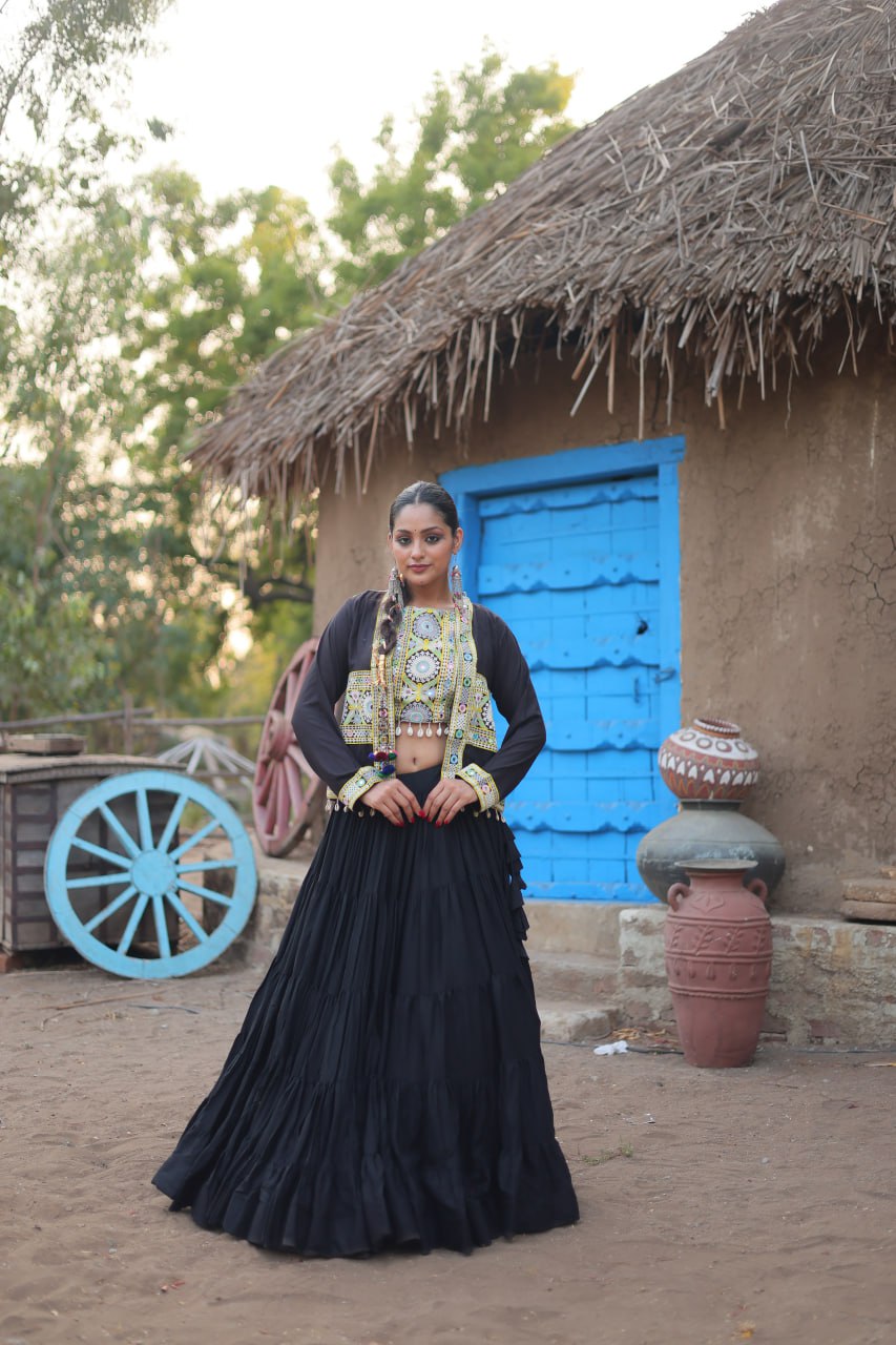ClothsVilla Black Traditional Reyon Lehenga Set with Embroidered Blouse and Koti - view 5