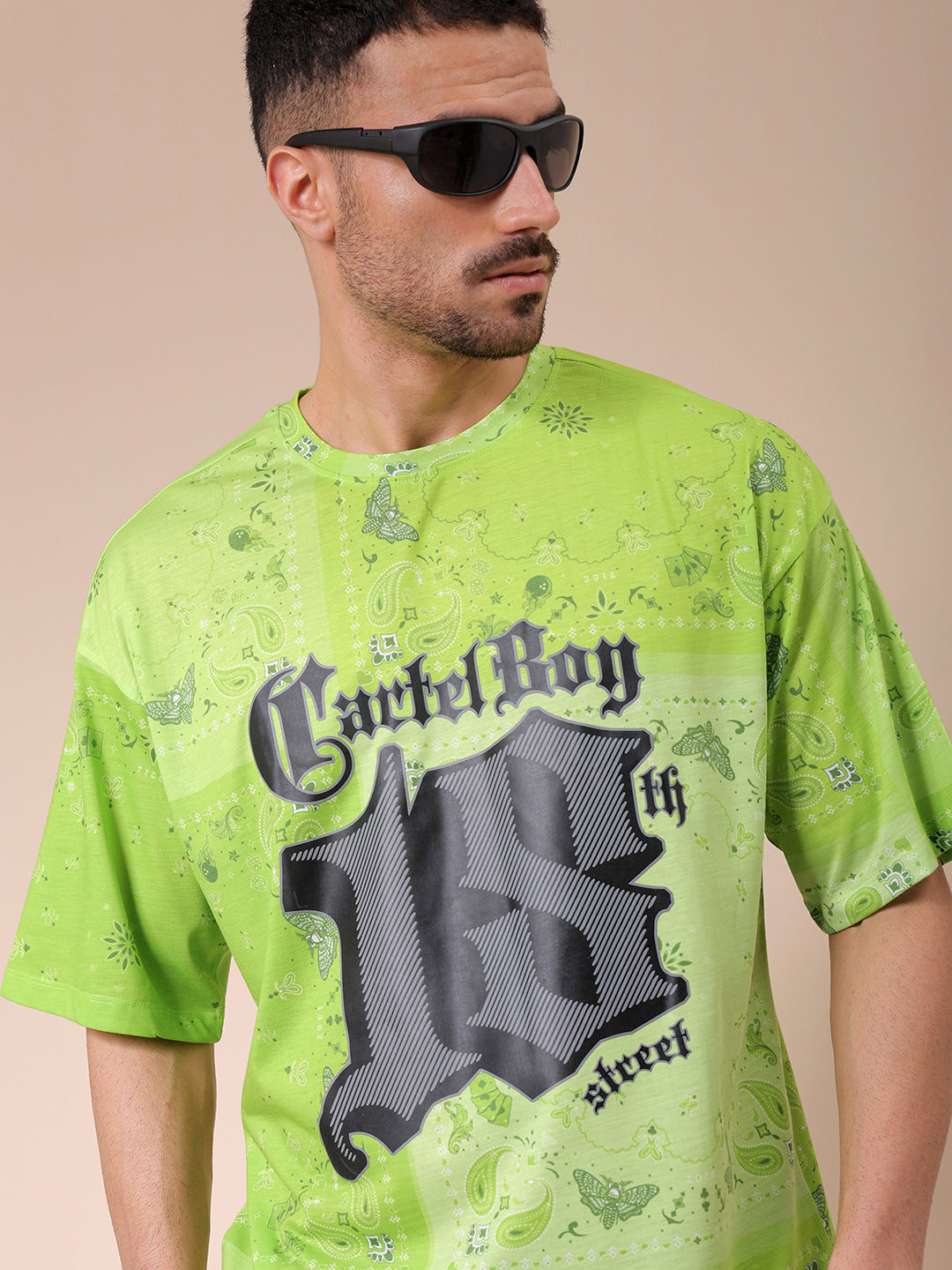 The Indian Garage Co Men's Green Oversized Paisley Printed T-Shirt