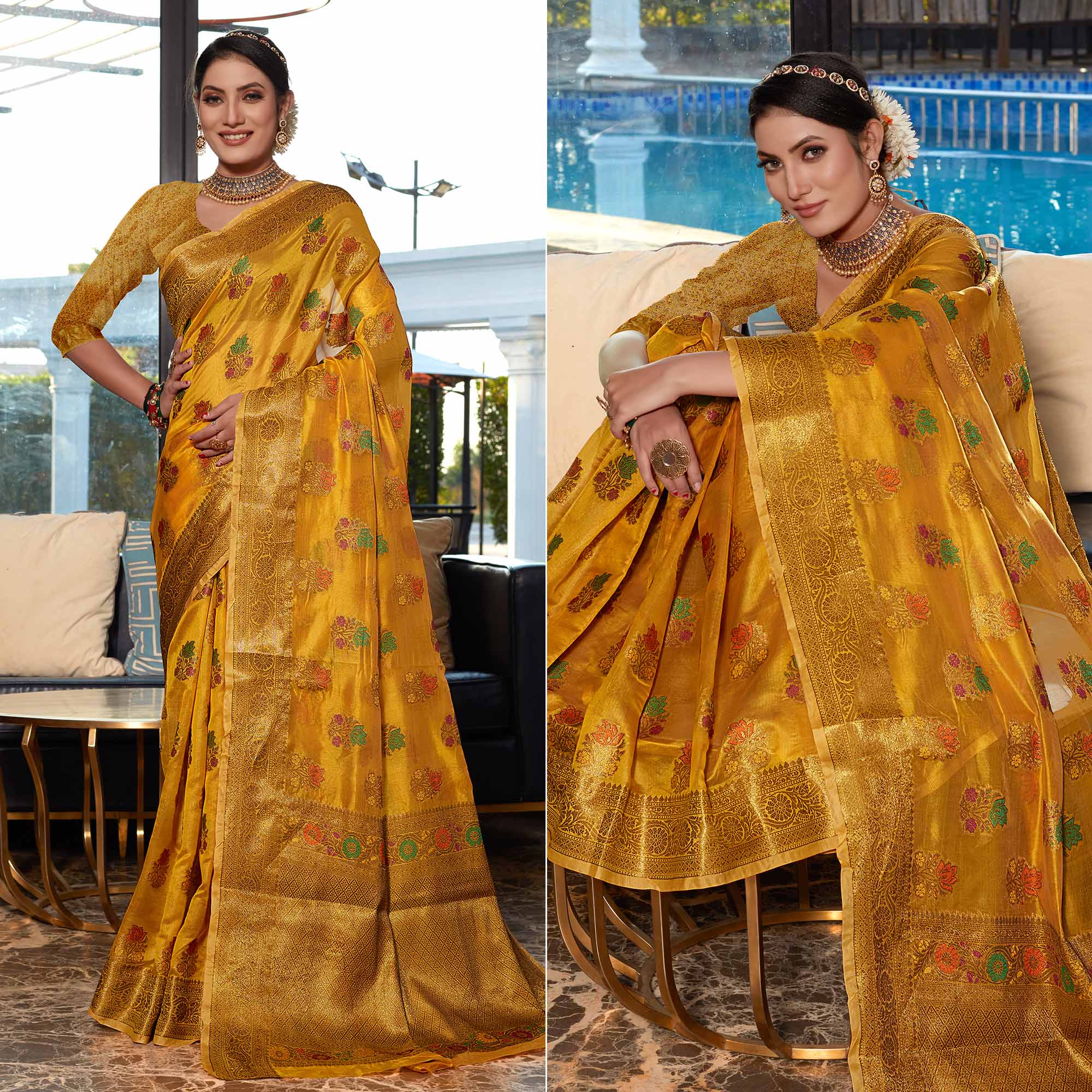Peachmode Light Mustard Floral Woven Organza Saree