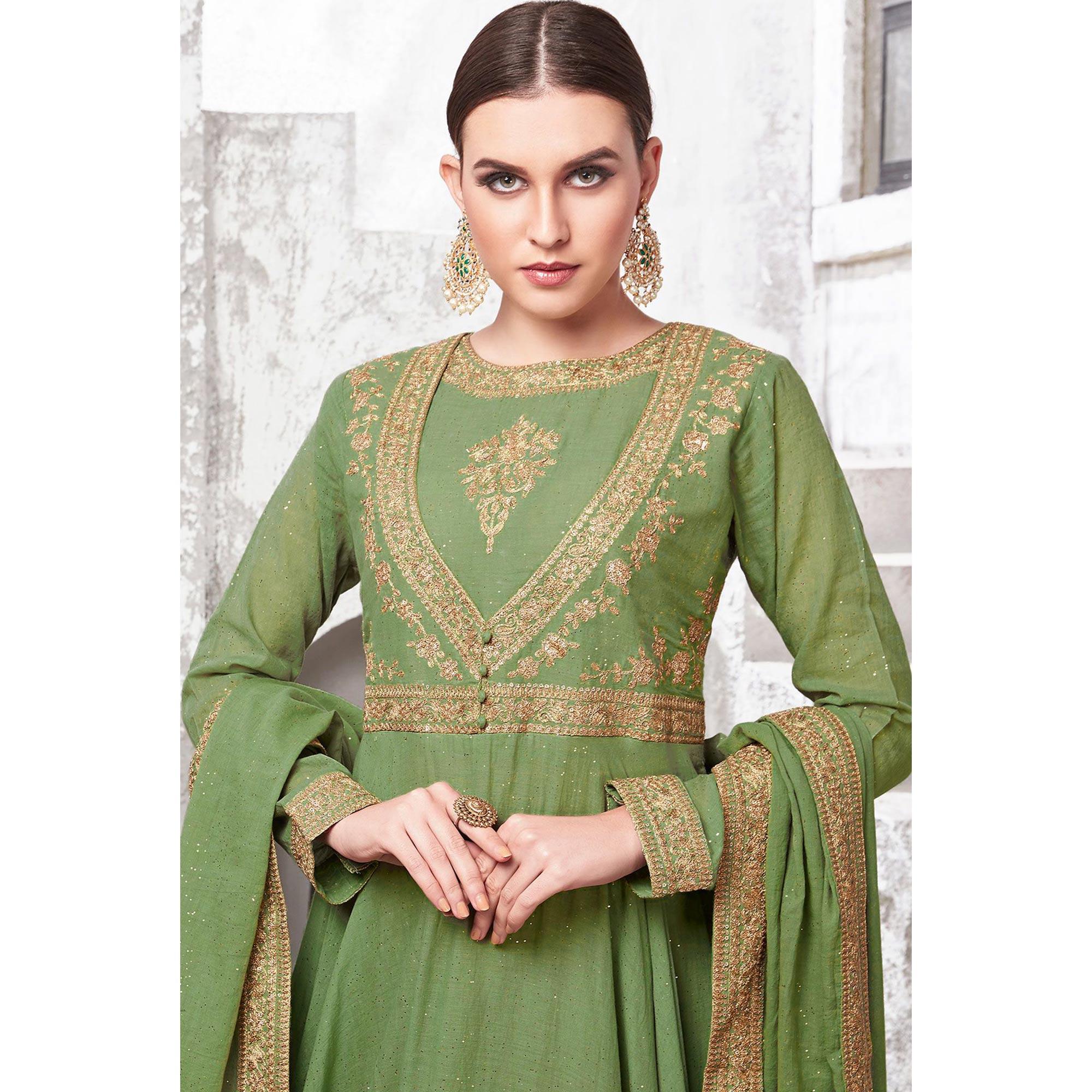 Peachmode Seller Flattering Green Colored Partywear Embroidered Cotton Anarkali Suit - view 2