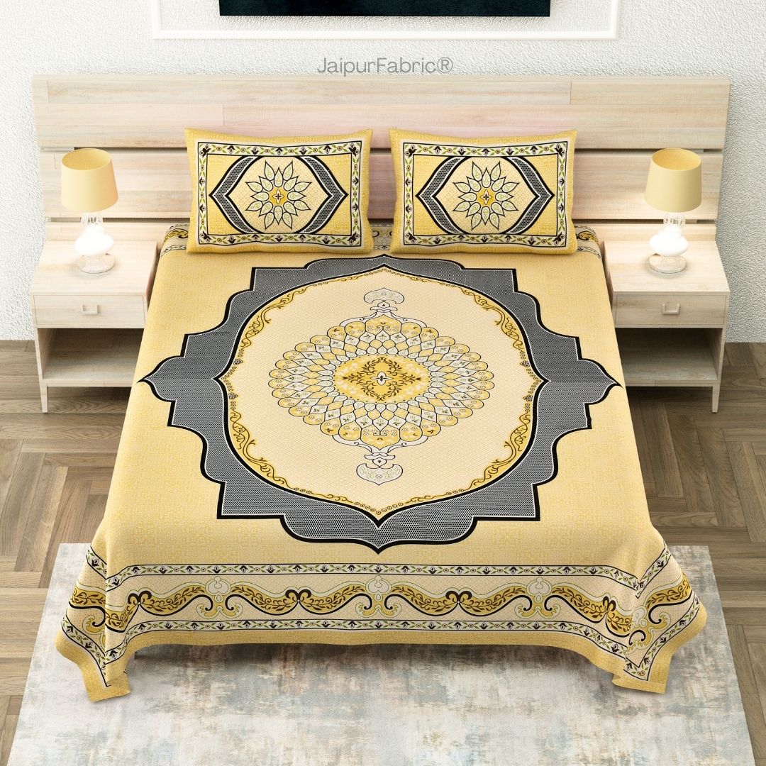 JaipurFabric® Golden Lotus Sutra Abundance Pure Cotton King Size Bedsheet