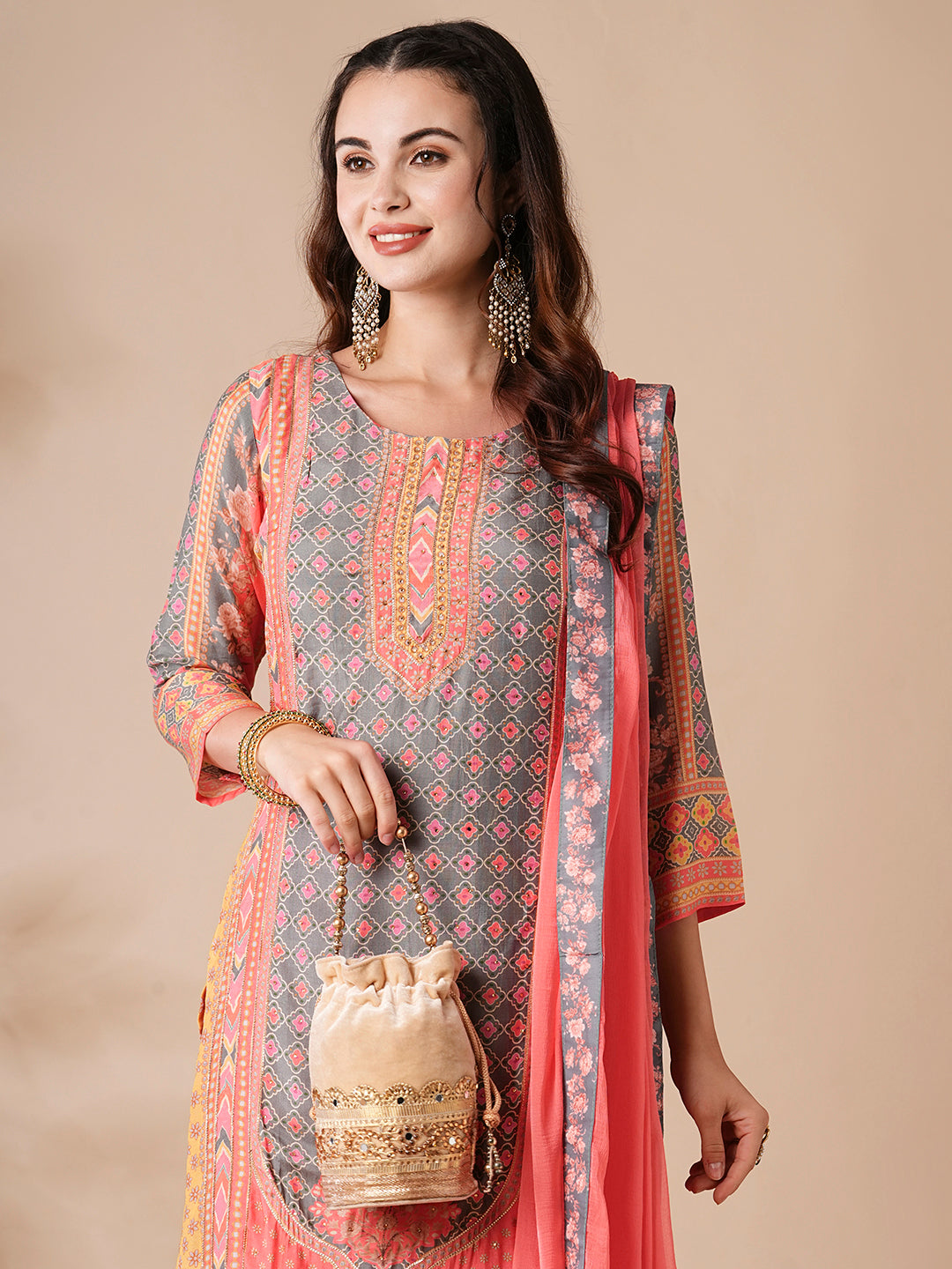 Fashor Floral Ethnic Printed & Embroidered Straight Kurta with Pant & Dupatta - Peach - view 2
