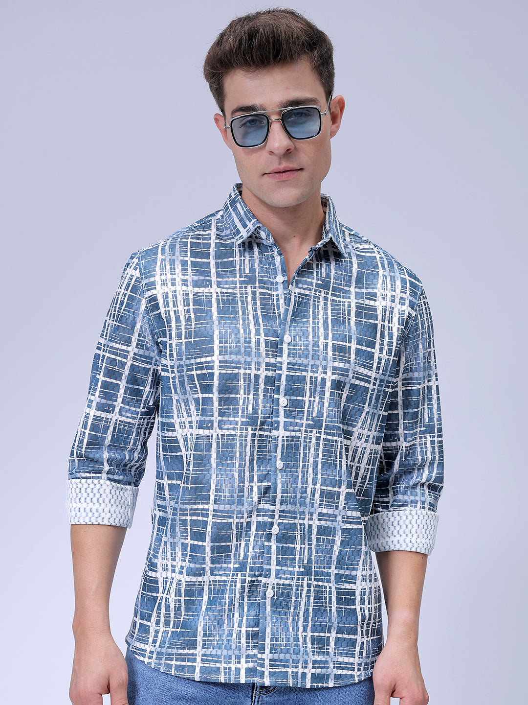 The Indian Garage Co Men's Blue Relaxed Fit Checkered Textured Resortwear Shirt