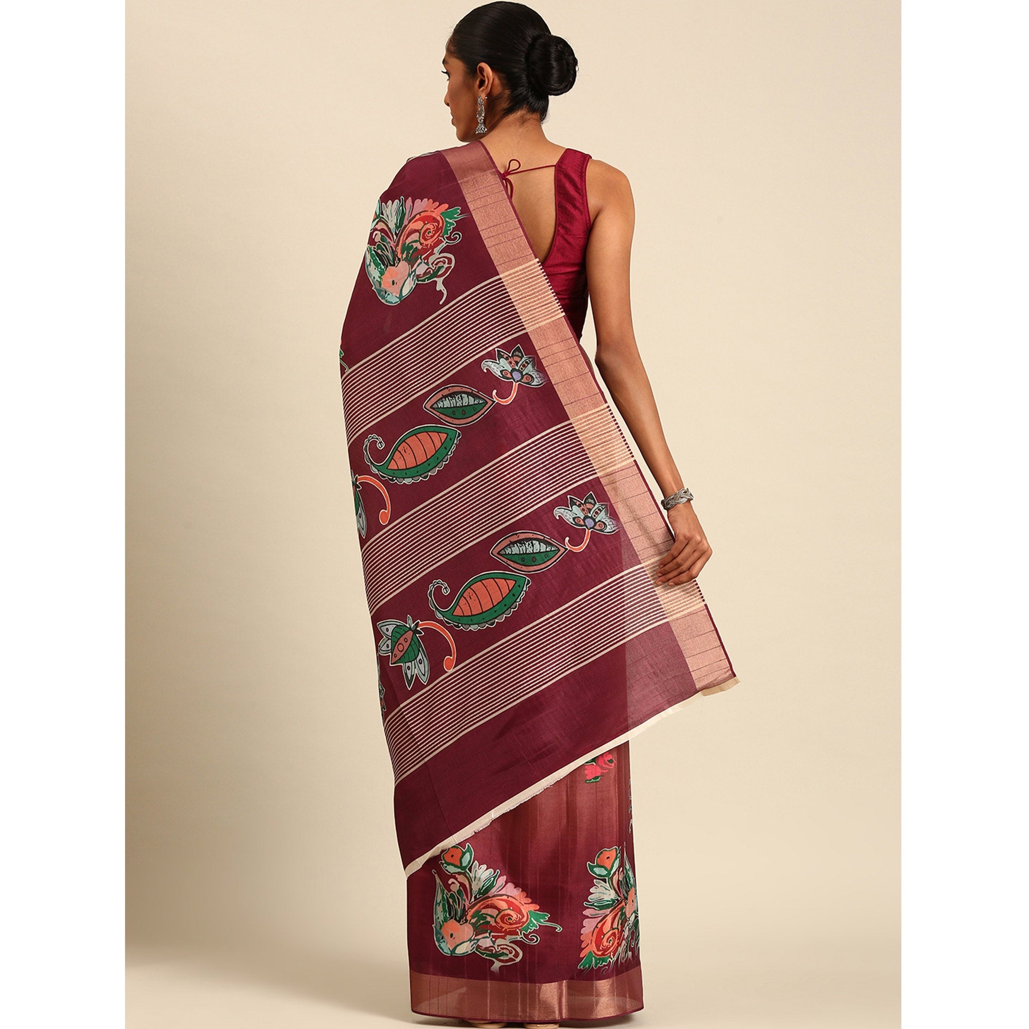 Peachmode Maroon Digital Printed Cotton Blend Saree With Woven Border - view 4