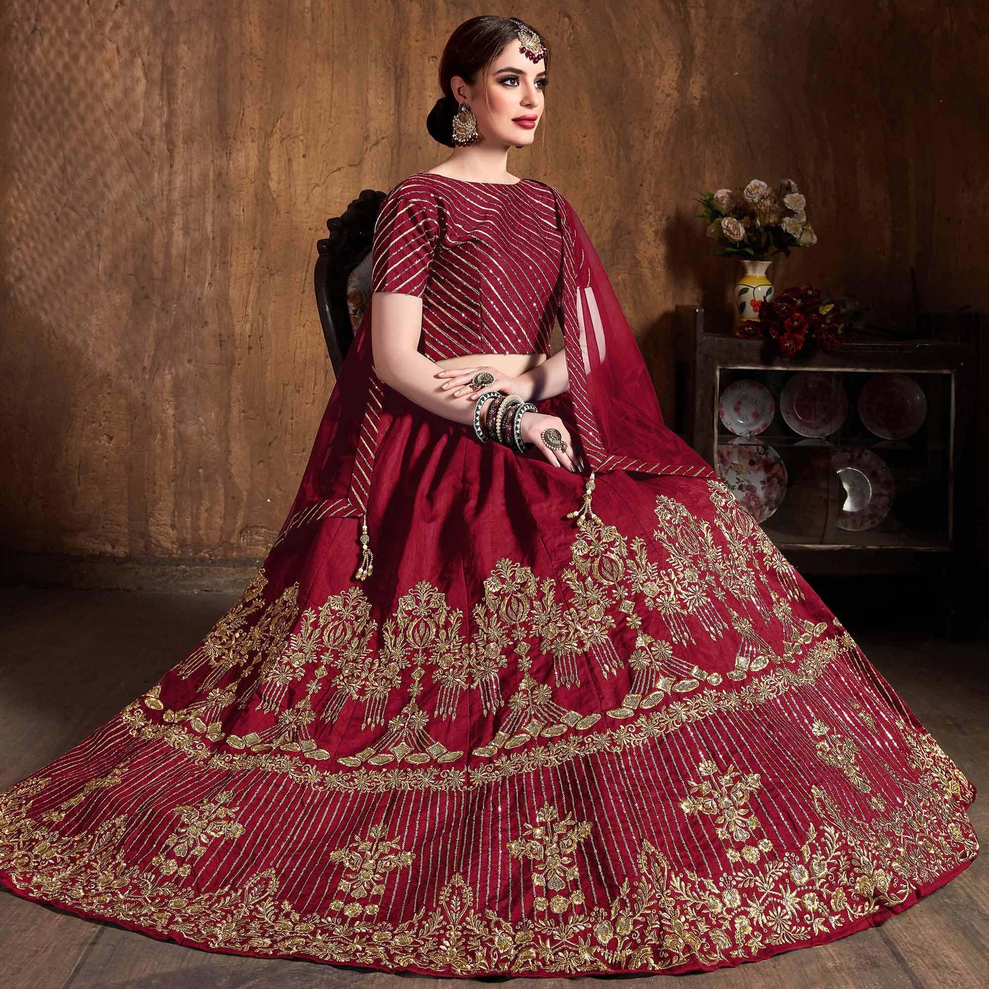 Peachmode Excellent Red Colored Partywear Embroidered Banglori Silk Lehenga - view 2