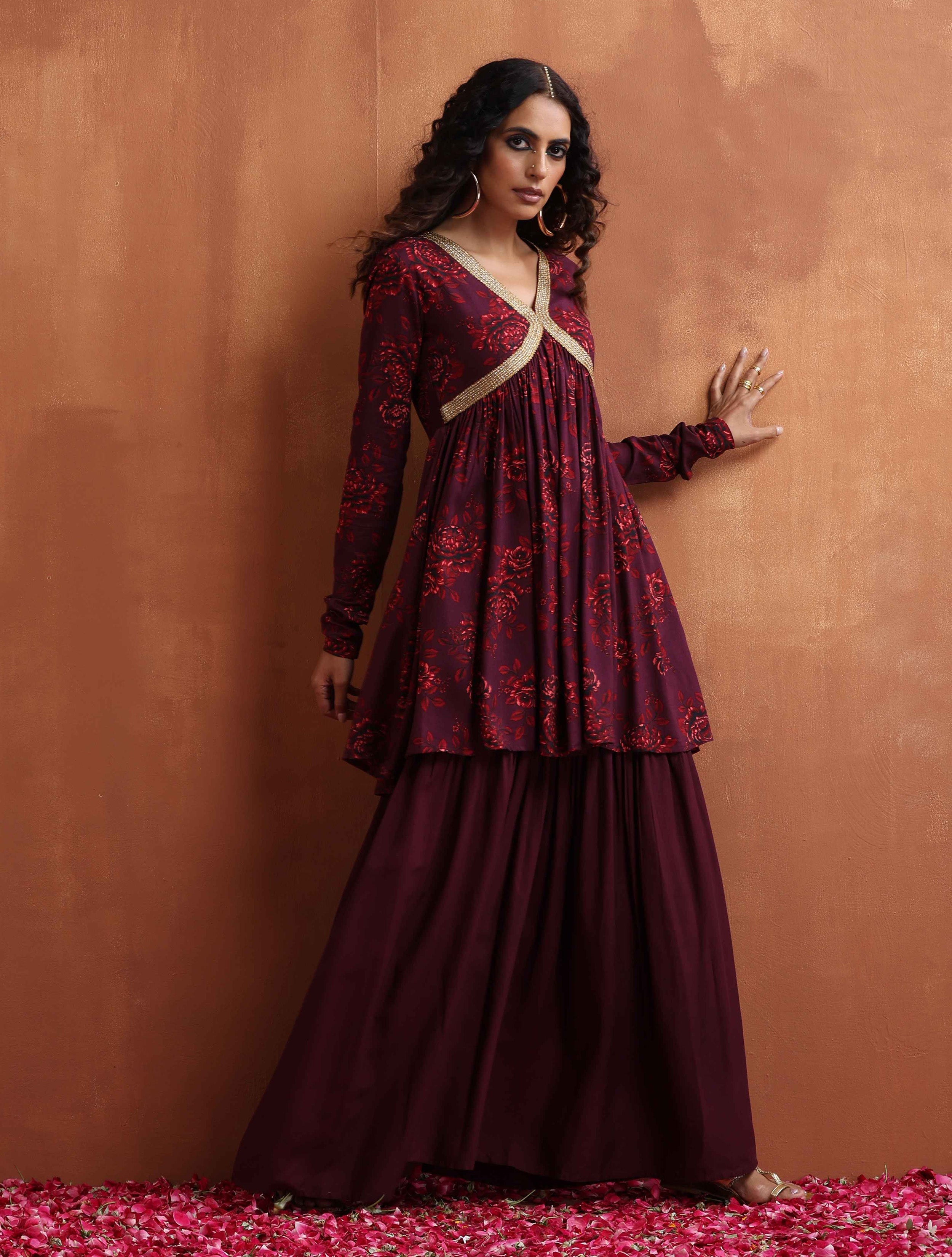 trueBrowns Purple Floral Print Sharara Set