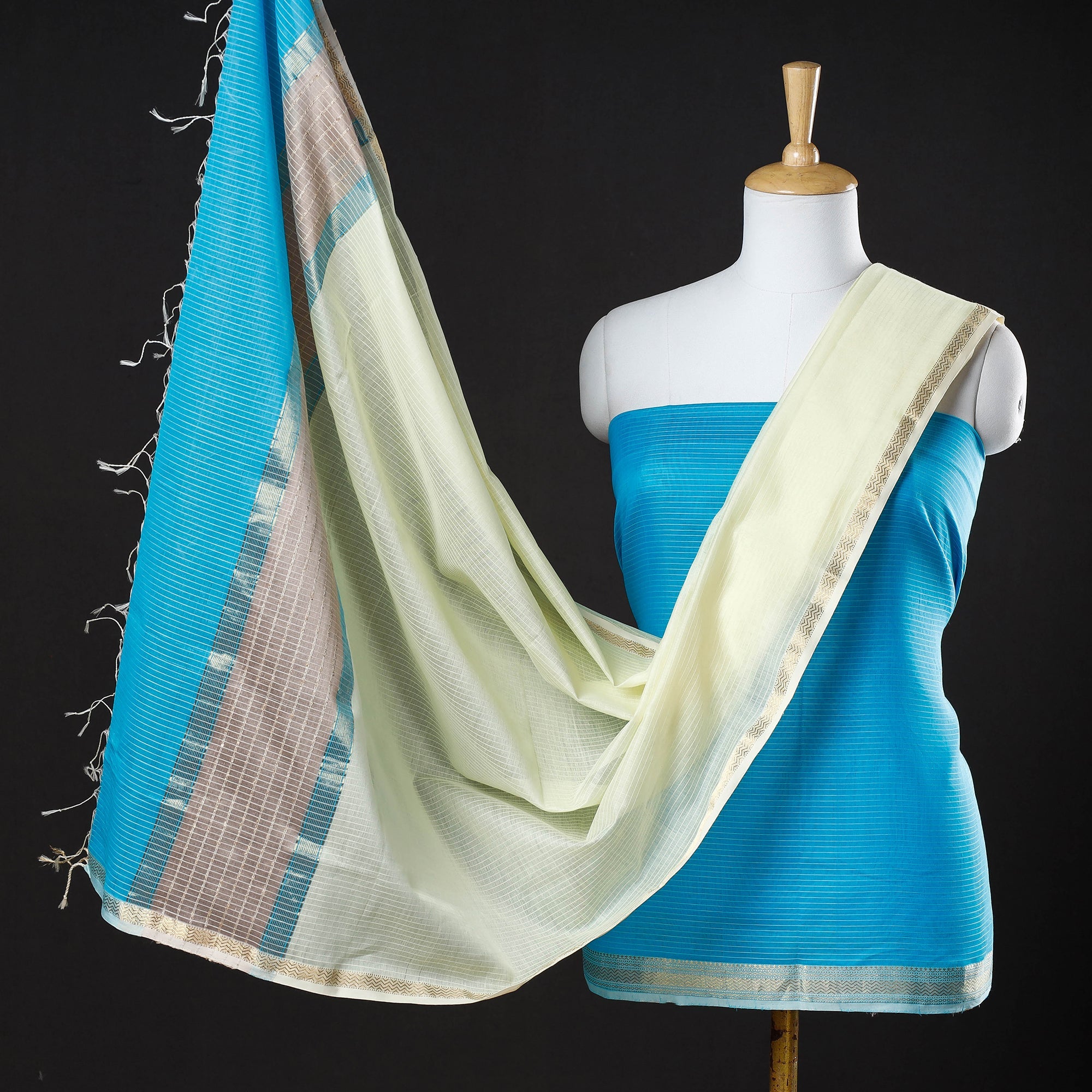 ITOKRI CRAFTS INITIATIVE Blue - 2pc Maheshwari Silk Cotton Handloom Stripe Suit Material Set with Zari Border