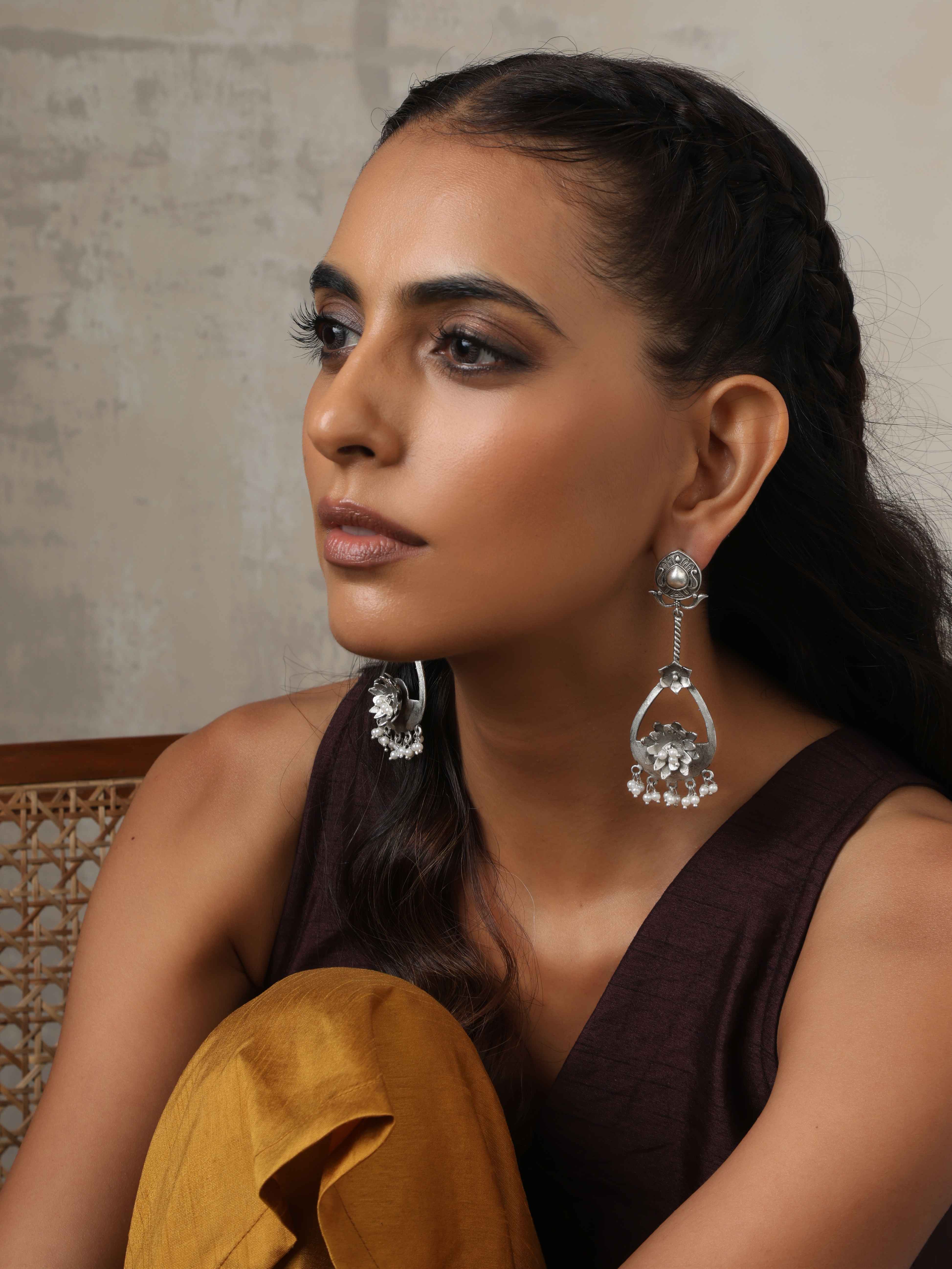 trueBrowns Silver Tone Floral Chandbaali Earrings - view 2