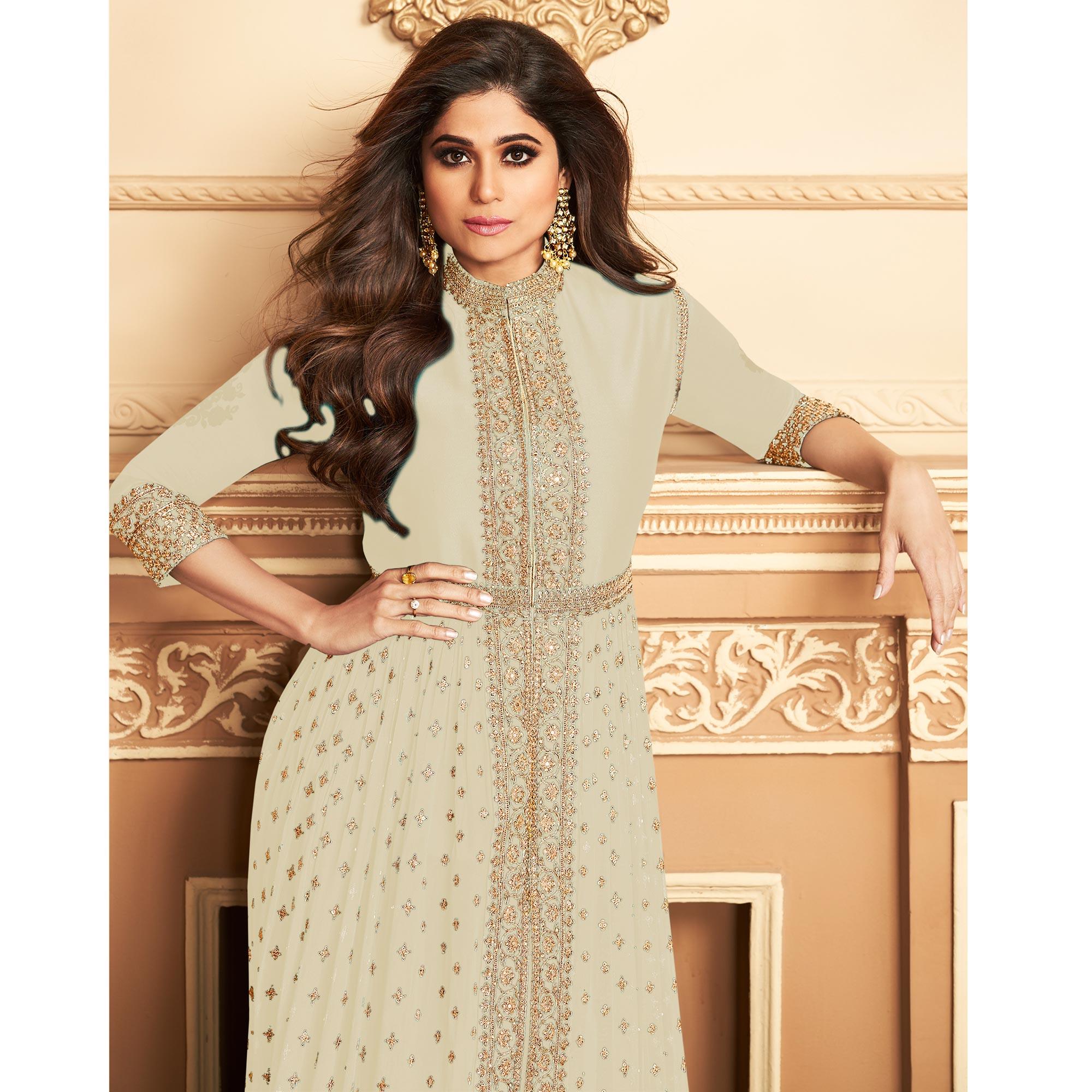 Peachmode Seller Cream Embroidered Georgette Partywear Gown - view 2