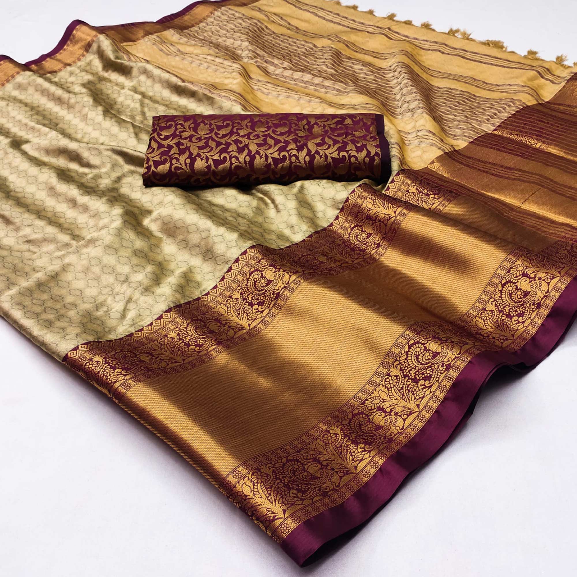 Peachmode Chikoo Woven Cotton Silk Saree With Tassels