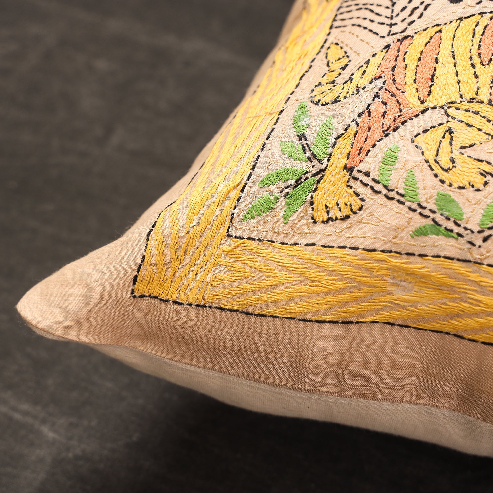 KHUSHBASH - HAPPY LOOM OF EAST Beige - Bengal Kantha Embroidery Silk Cushion Cover (14 x 13 in) 20 - view 2