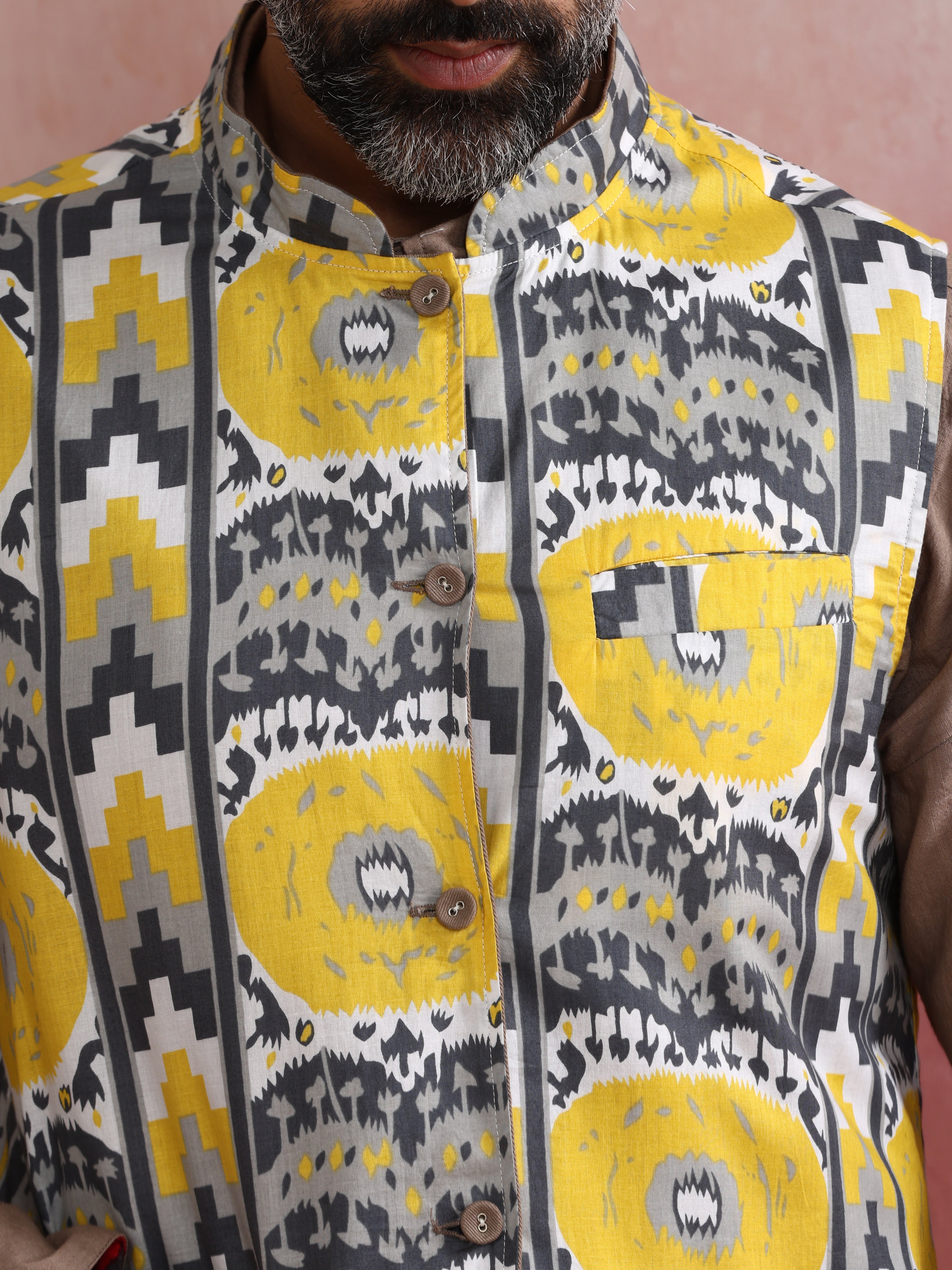 trueBrowns Men's Beige Ikat Reversible Nehru Jacket - view 6