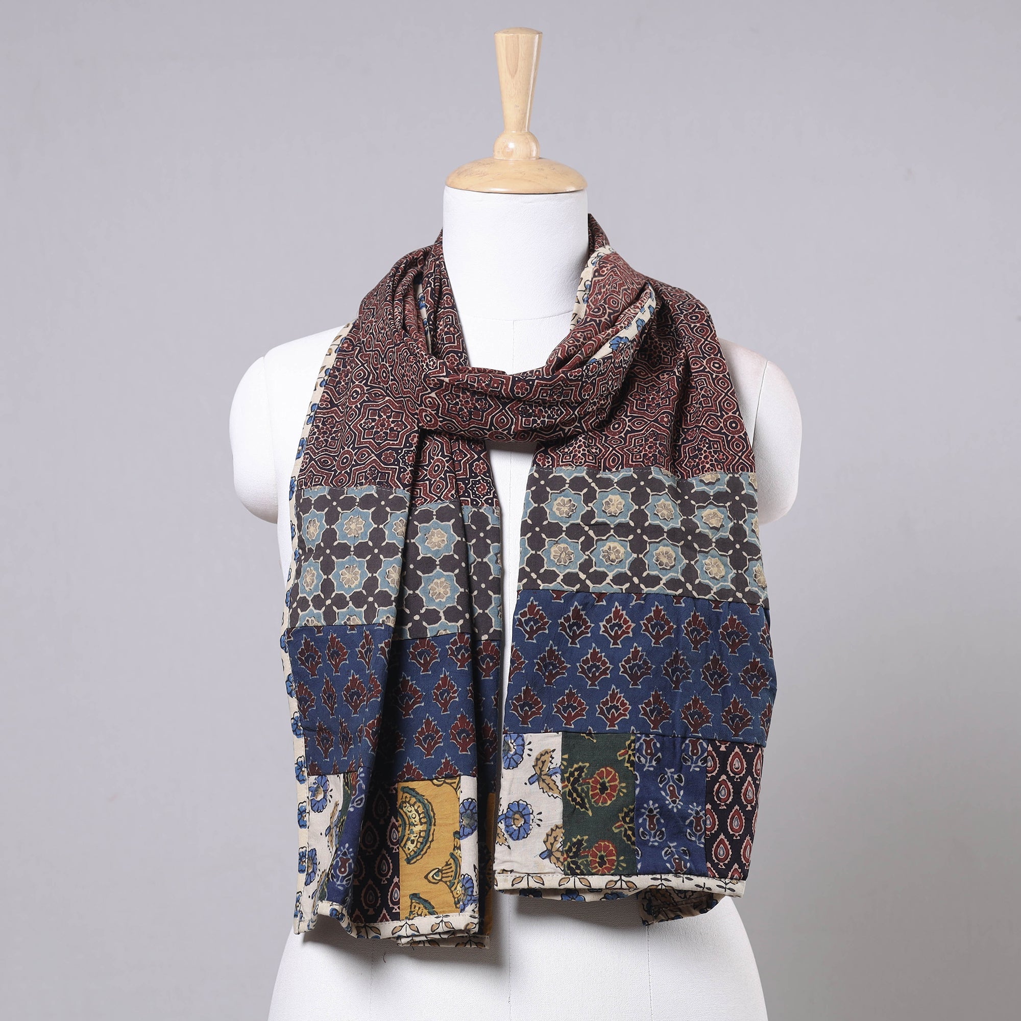 STOLES & SCARVES Brown - Ajrakh Block Printed Patchwork Cotton Stole
