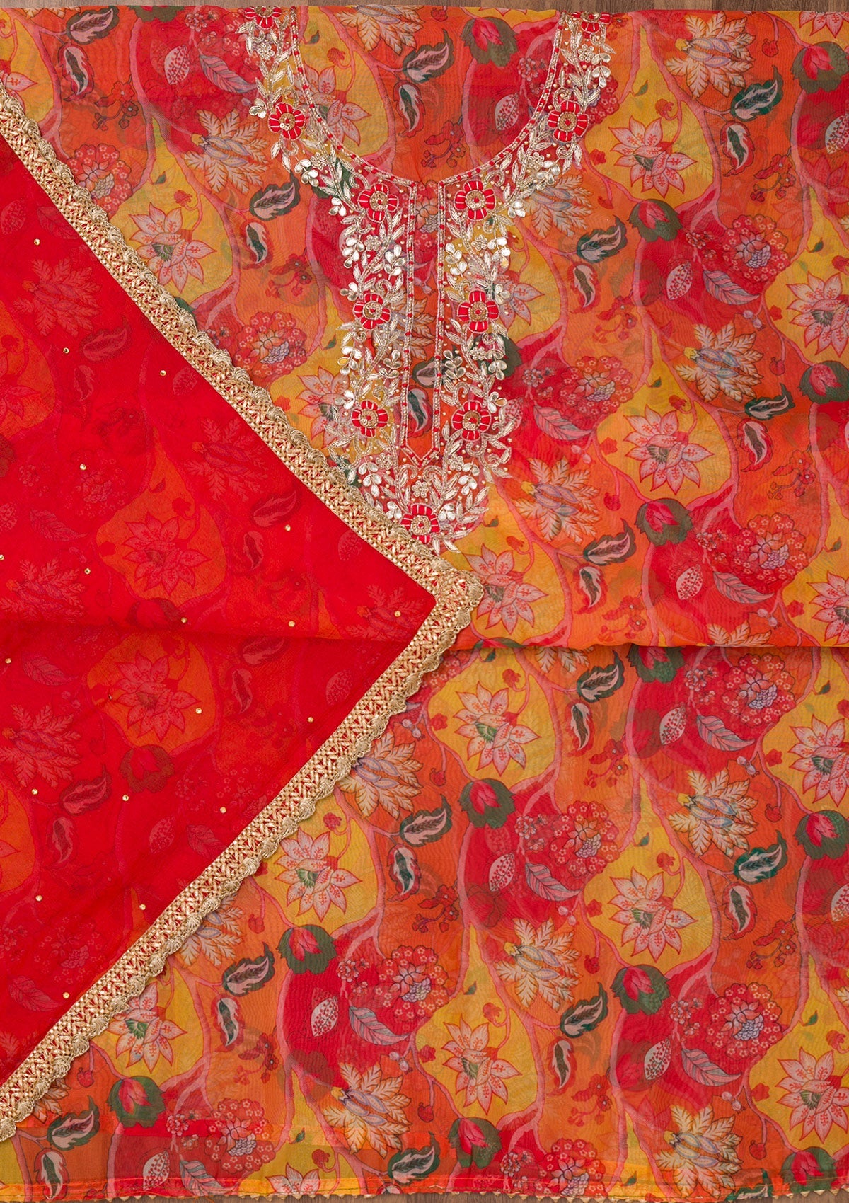 Koskii Yellow Zariwork Organza Unstitched Salwar Suit - view 3