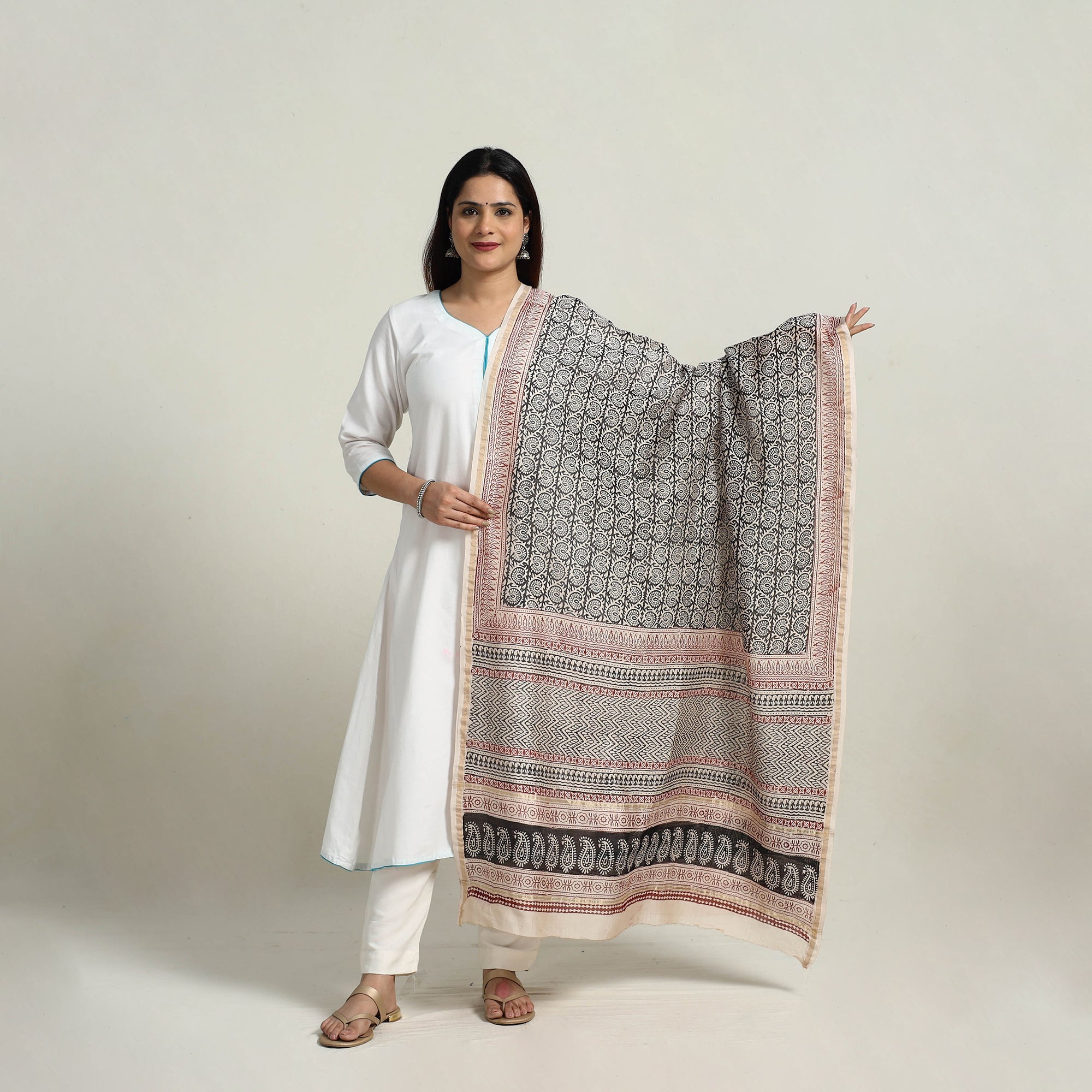 BAGH PRINTS BY MOHAMMED RAFIK KHATRI Grey - Natural Dyed Hand Block Print Chanderi Silk Bagh Dupatta 24
