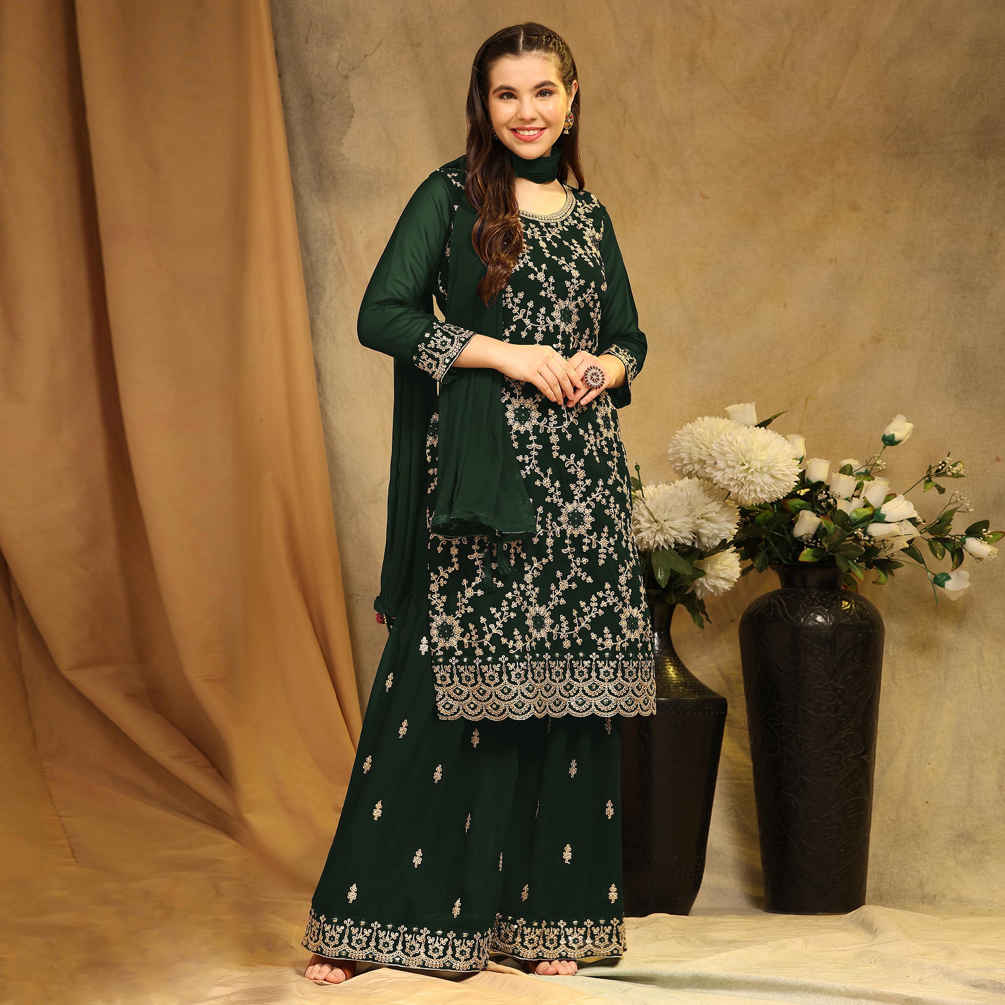Peachmode Bottle Green Floral Embroidered Georgette Semi Stitched Suit - view 2