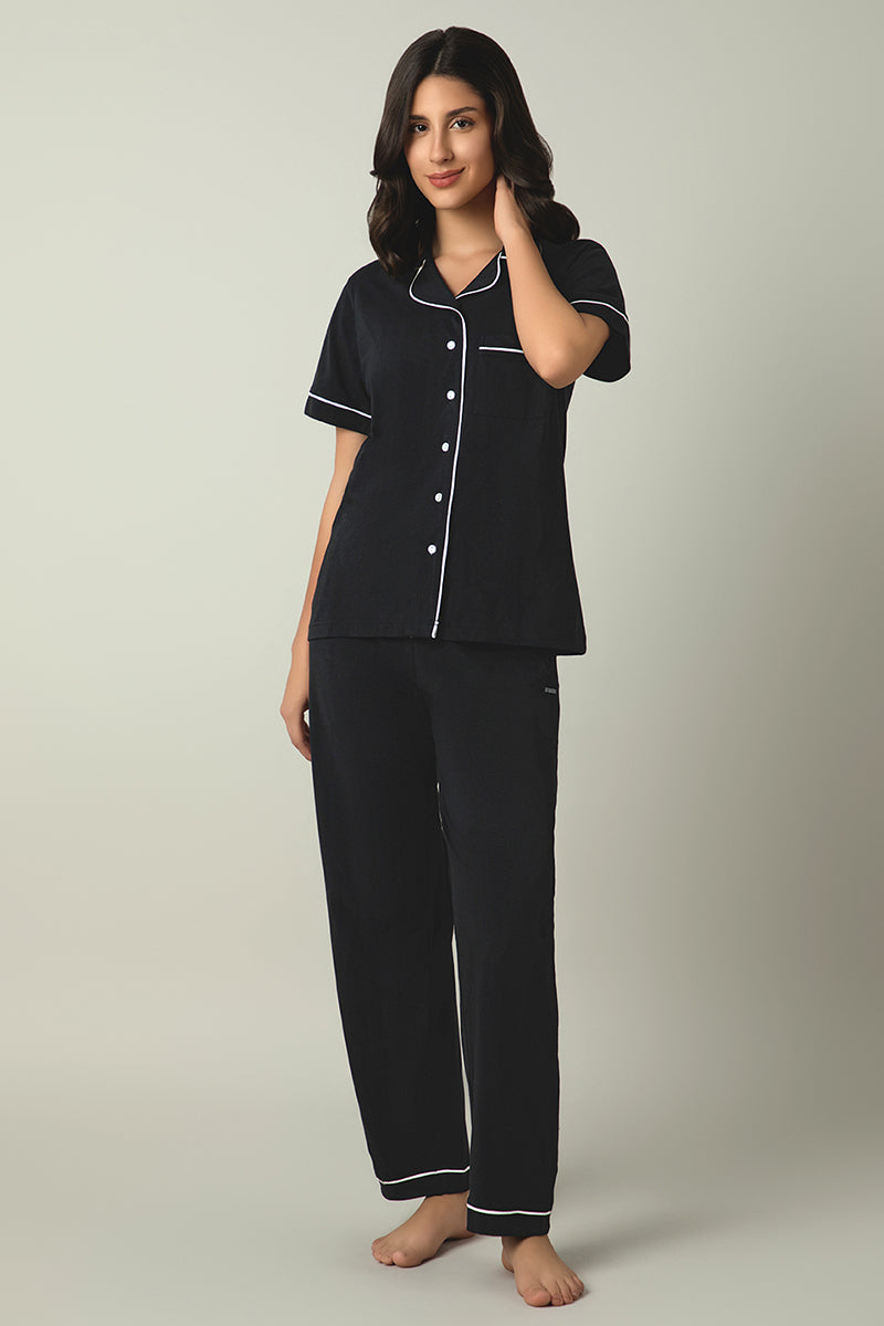 Amante Sleep Button Down PJ Set - Black