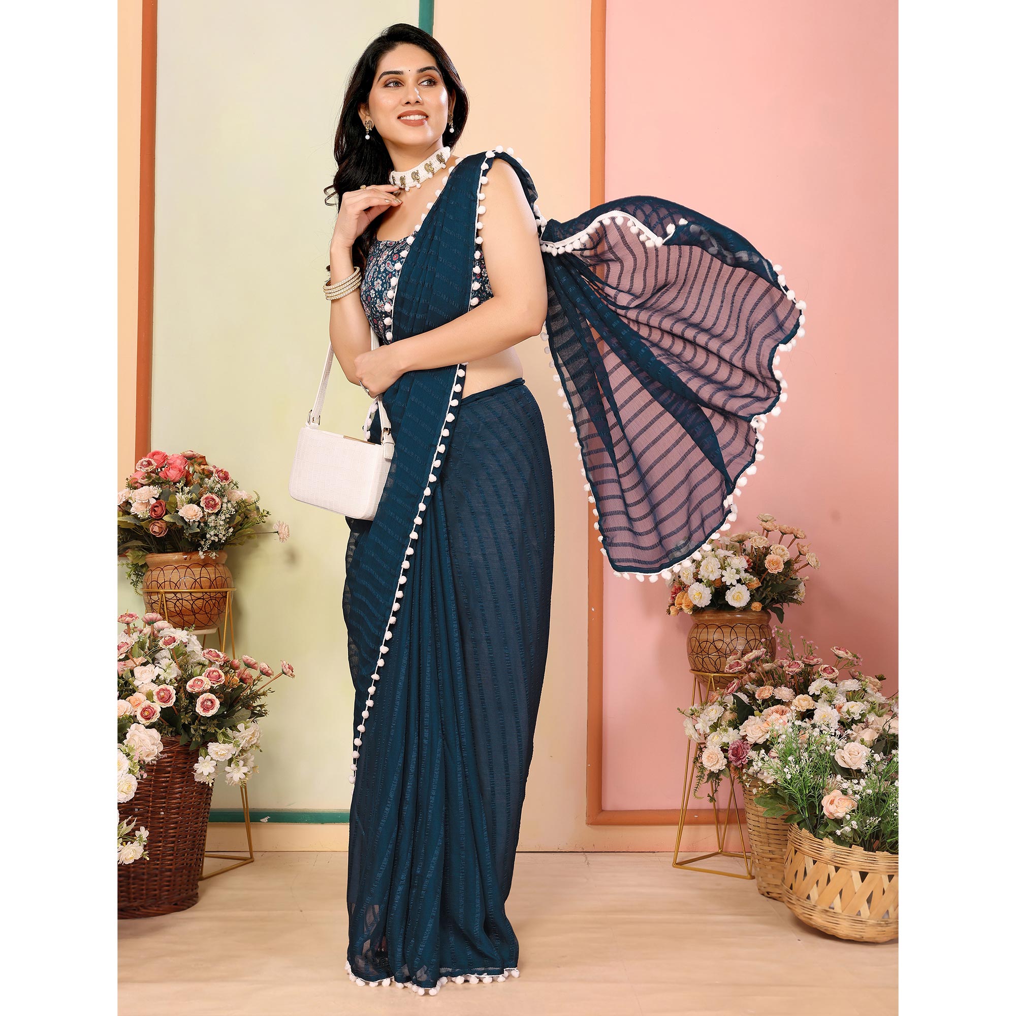 Peachmode Teal Woven Striped Pattern Georgette Saree - view 4