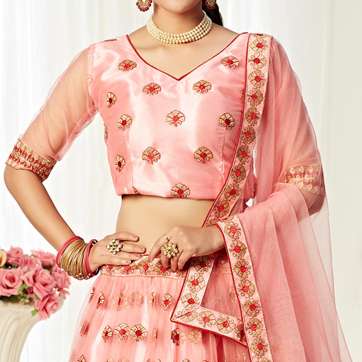 Peachmode Majesty Peach Colored Wedding Wear Embroidered Heavy Net Lehenga Choli - view 2