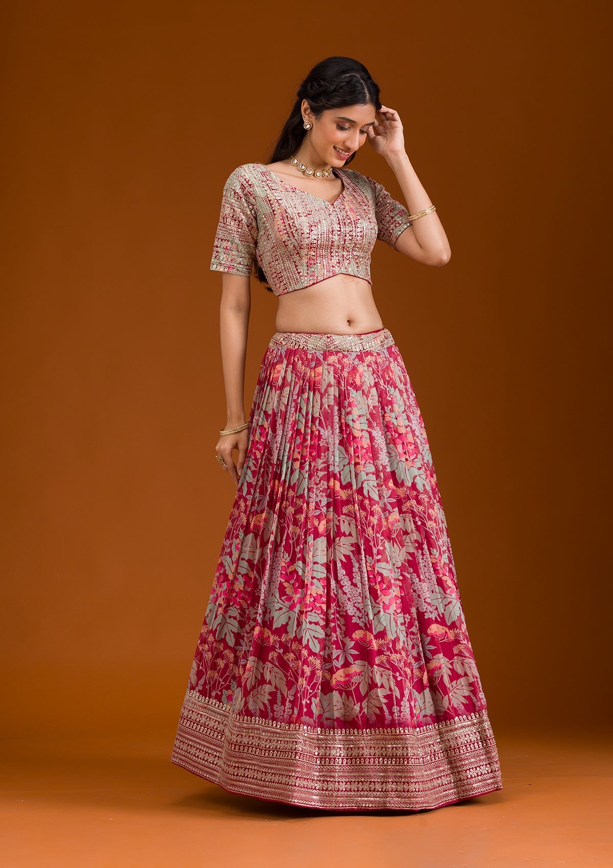 Koskii Maroon Printed Georgette Readymade Lehenga - view 5