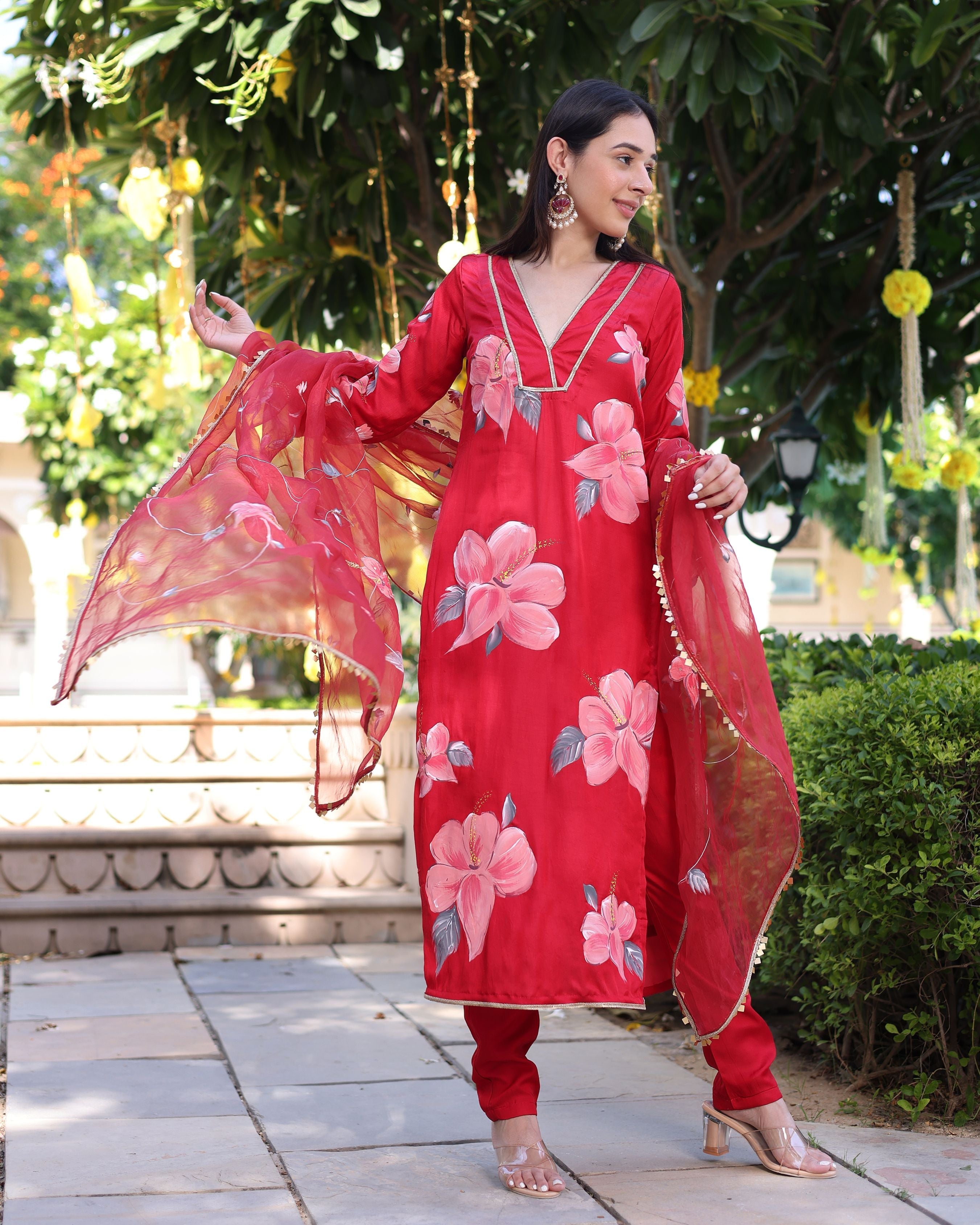 Aachho Raspberry Blush Red Handpainted Satin Suit Set - view 8