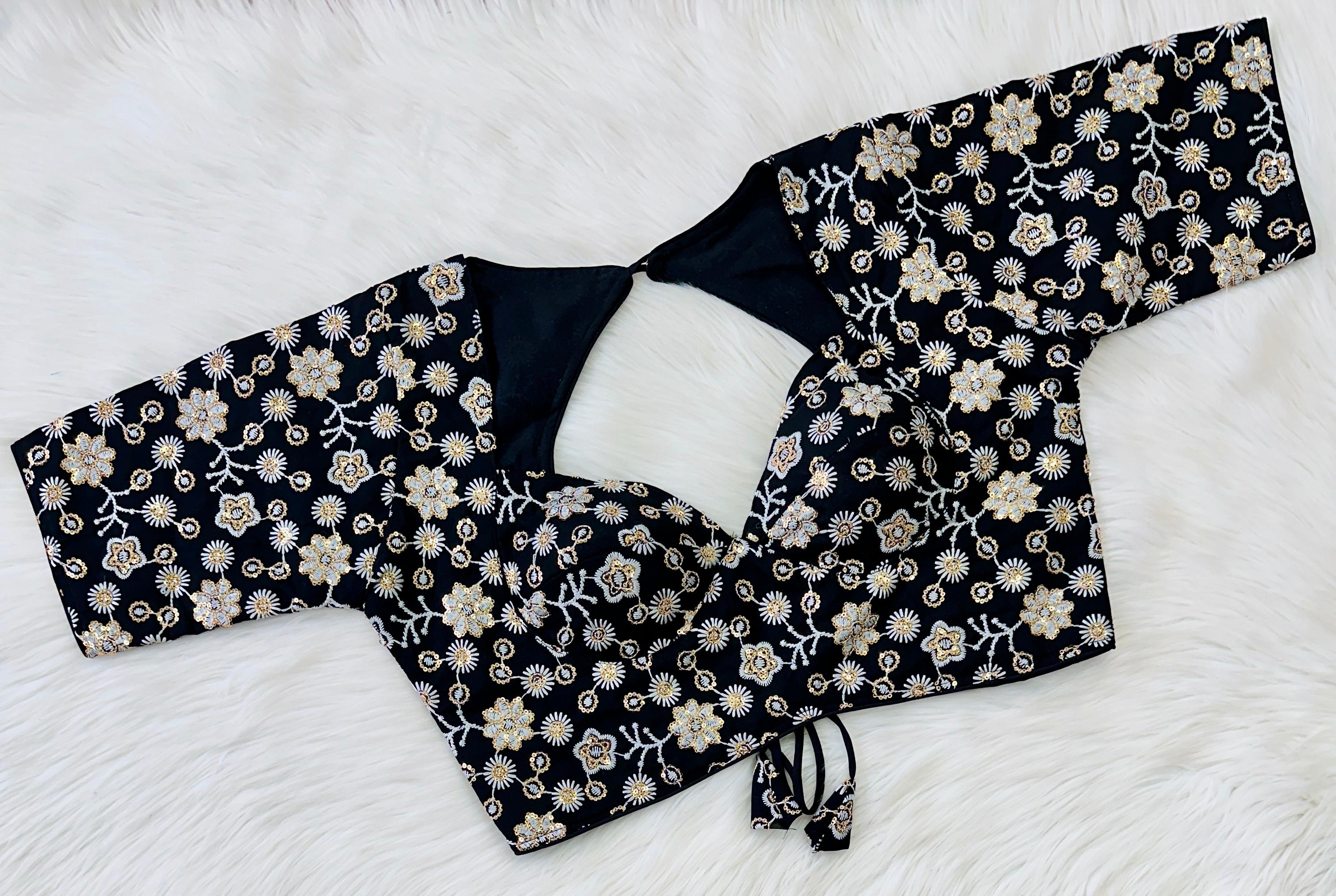 ClothsVilla Black Hand-Embroidered Maharaja Georgette Blouse with Sequins