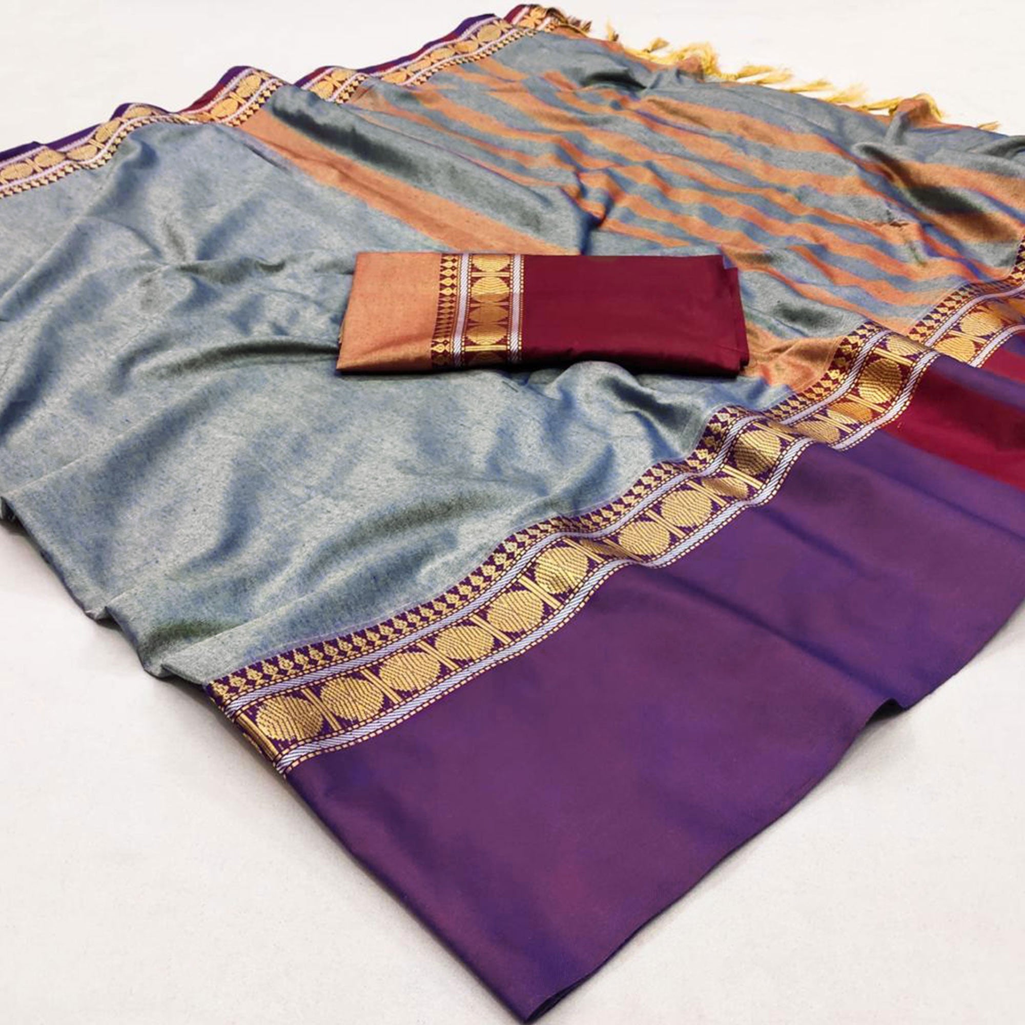 Peachmode Grey Woven Cotton Silk Saree With Tassels