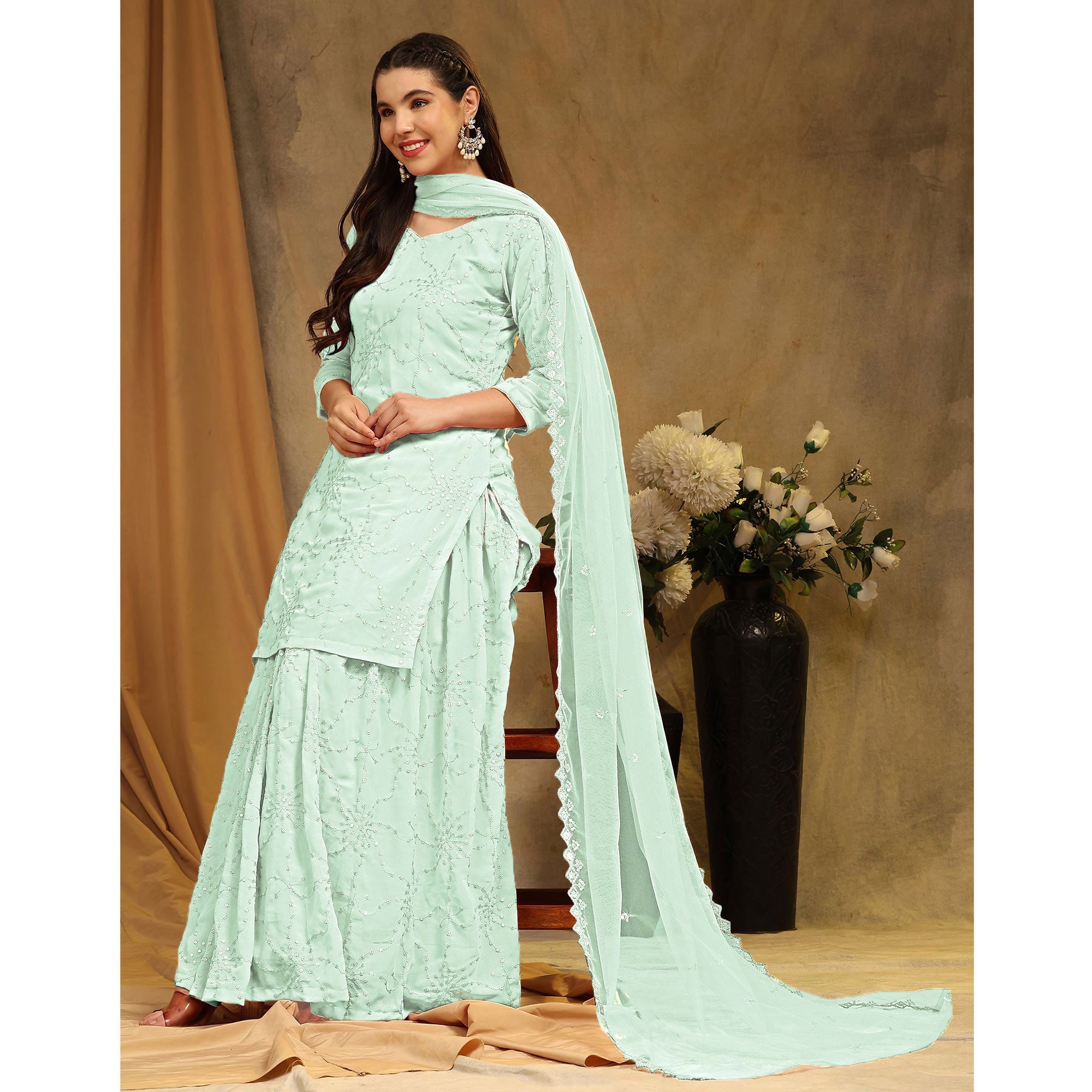 BlackTree green-embroidered-georgette-semi-stitched-sharara-suit-1 - view 5