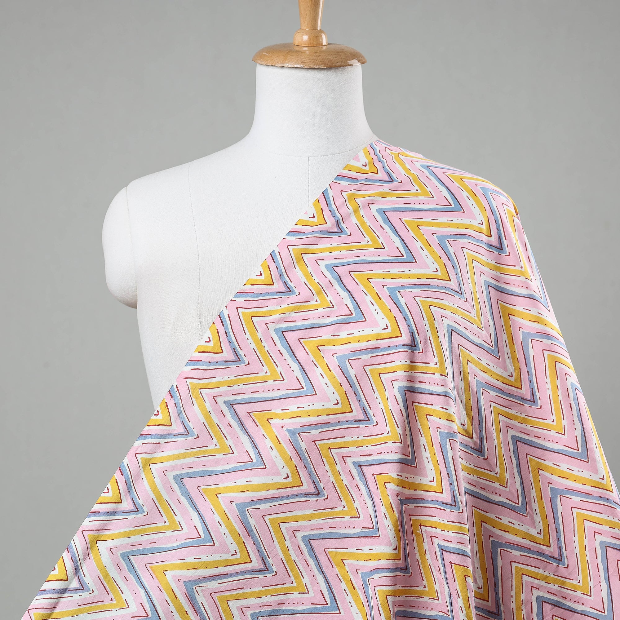 KUSUMLATA Baby Pink Chevron Sanganeri Block Printed Cotton Fabric