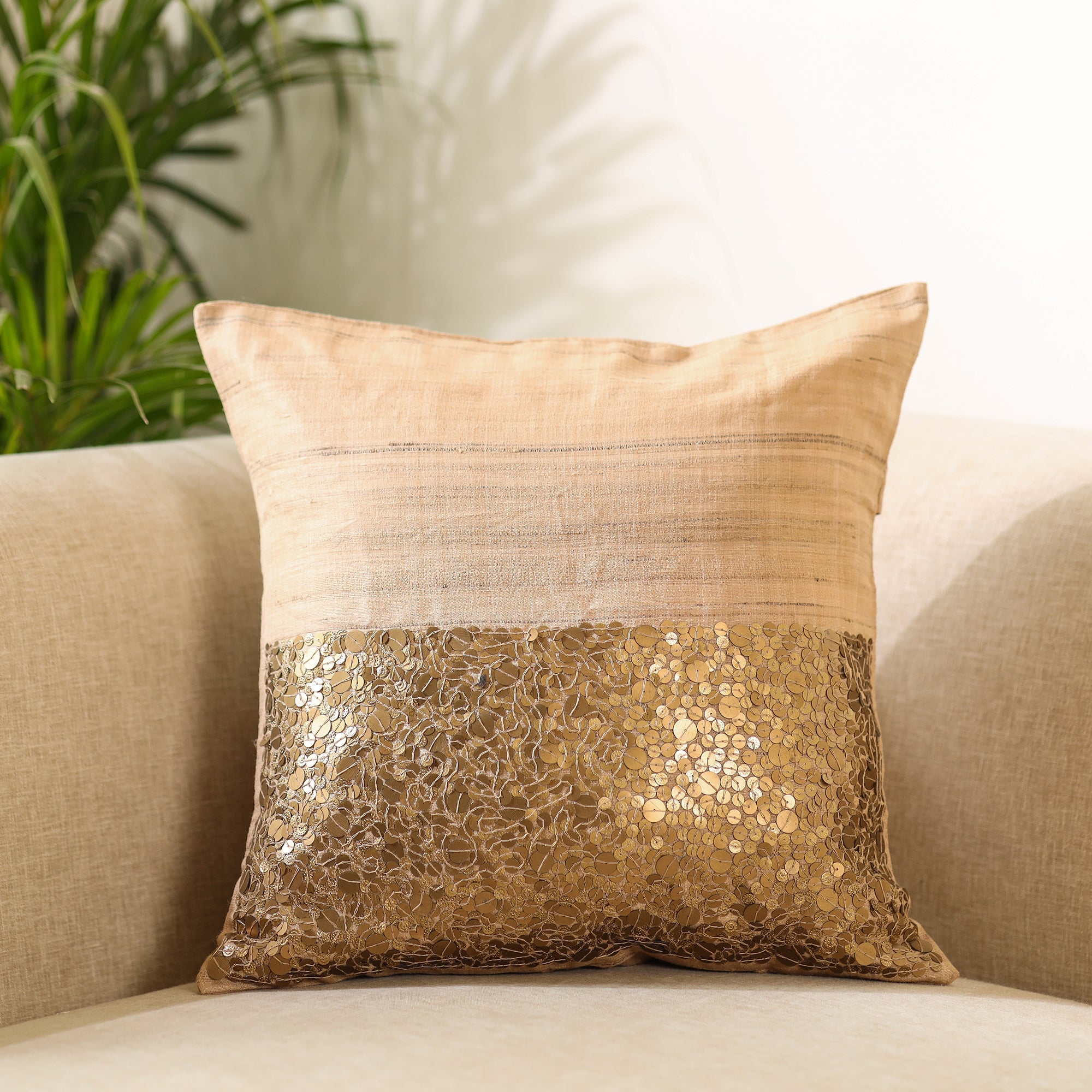 CHHATTISGARH HASTSHILP VIKAS BOARD Brown - Aari Embroidery Sequin Work Mercerised Ghicha Silk Cushion Cover (16 x 16 in)