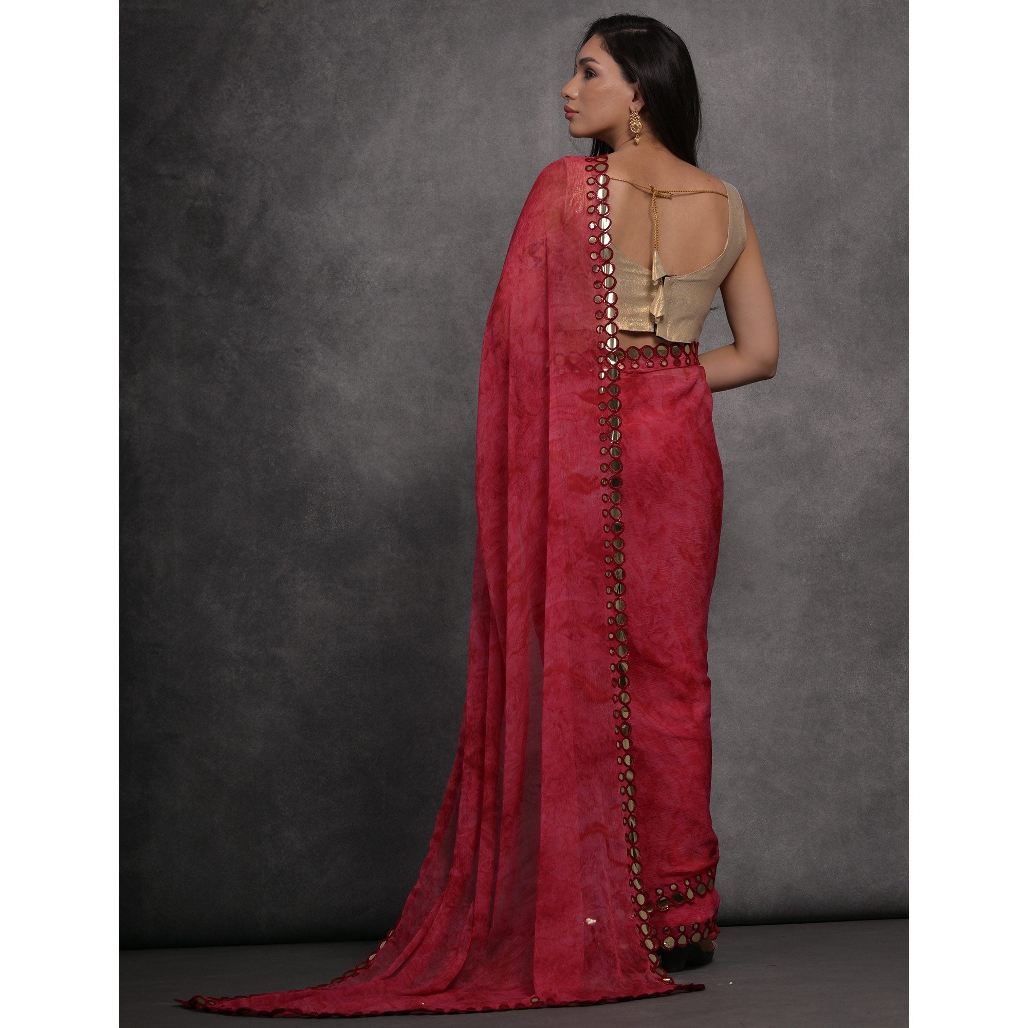Peachmode Maroon Printed With Mirror Work Georgette Saree - view 5