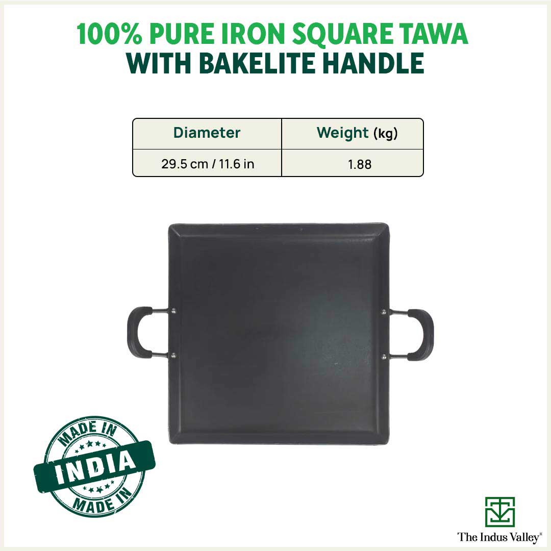 The Indus Valley 100% Pure Sheet Iron Tawa, Square, Cool Bakelite Handle, Seasoned, Toxin-free, Induction, 29.5cm, 1.88kg - view 3