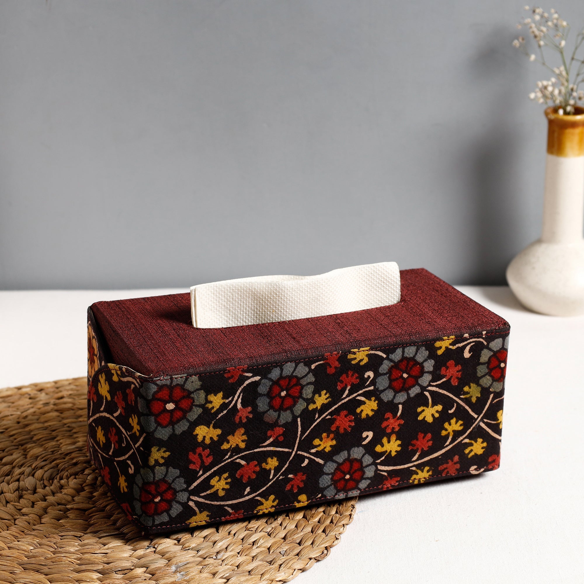 DWARAKA PLUS Brown - Handpainted Kalamkari Natural Dyed Cotton Tissue Box