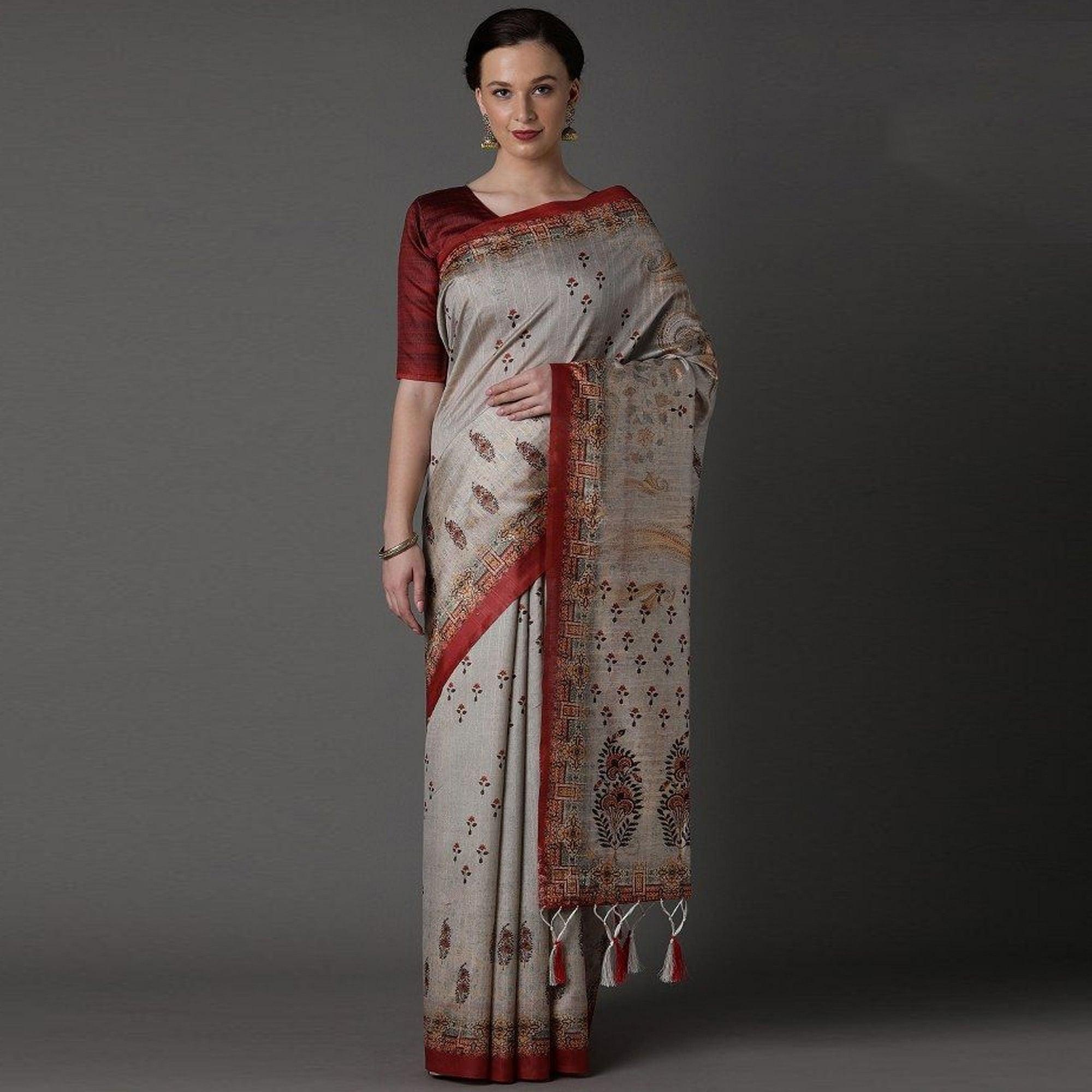 Peachmode Grey Party Wear Satin Printed Saree With Unstitched Blouse