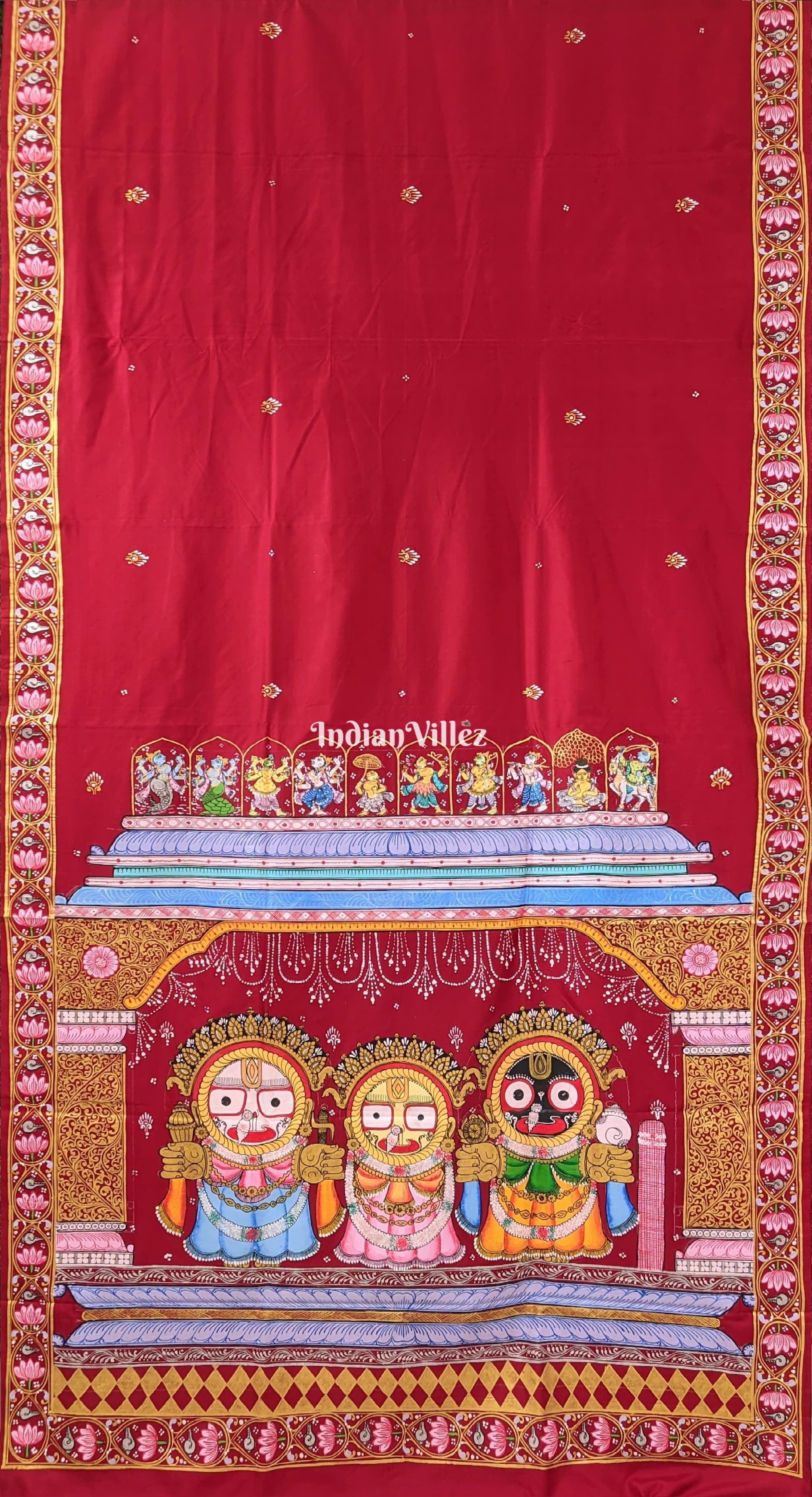 IndianVillèz Maroon Shree Jagannath Theme Hand-Painted Pattachitra Silk Saree