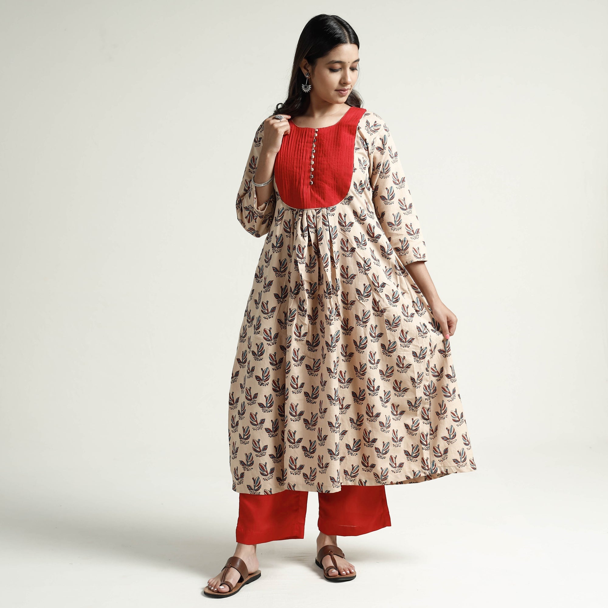 ITOKRI CASUALS Beige - Block Print Handwoven Cotton A-Line Mangalagiri Kurta 01 - view 2