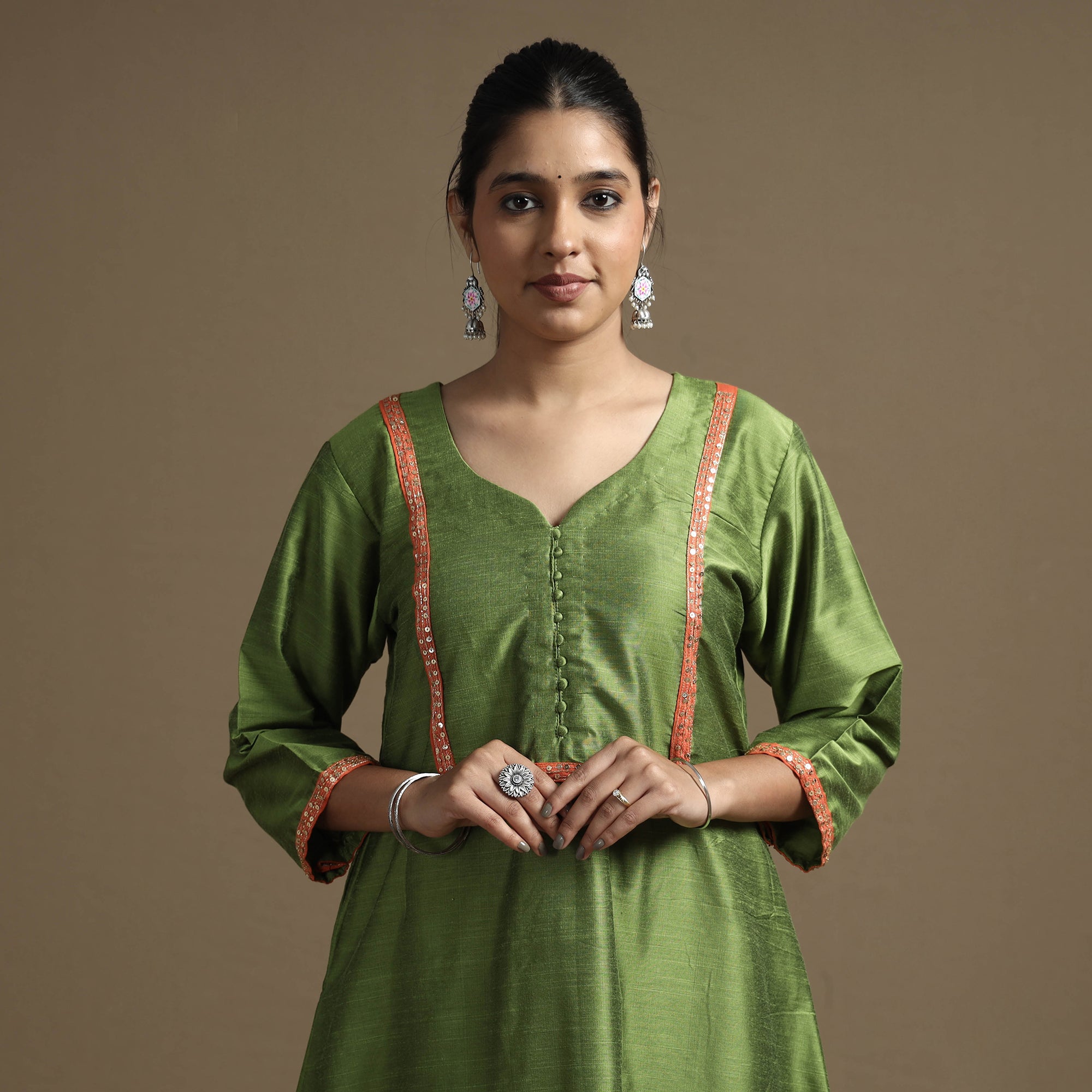 ITOKRI CASUALS Apple Green - Plain Solid Slub Silk A-Line Kurta with Beadwork Hand Embroidery Lace