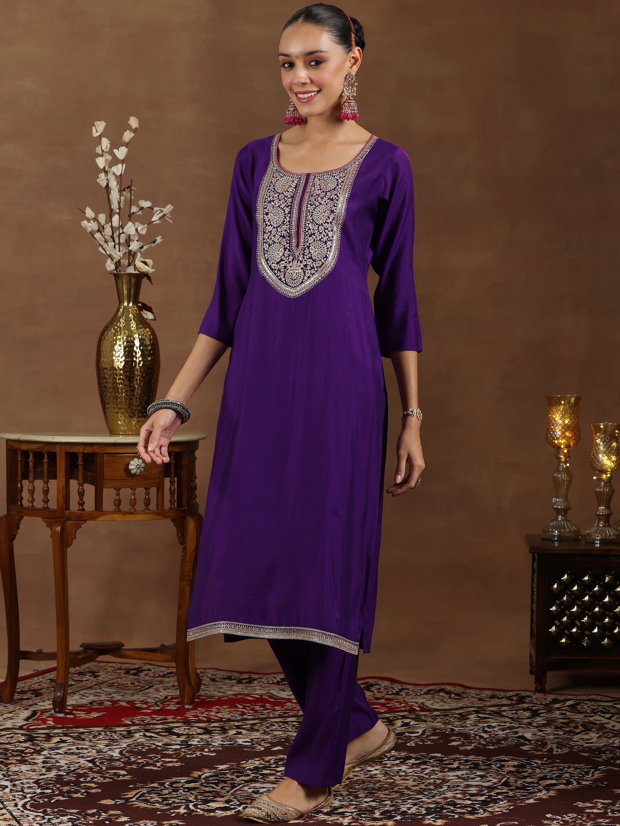 Gerua By Libas Purple Yoke Design Silk Blend Straight Suit With Dupatta - view 2