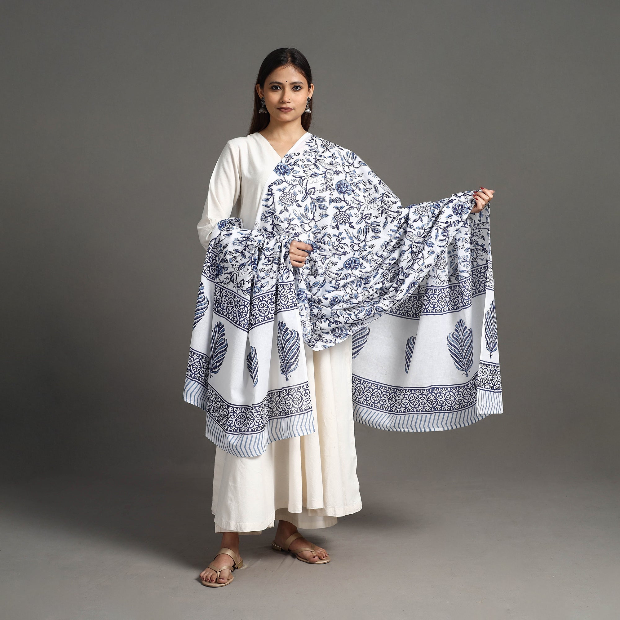HAVELI CHRONICLES Blue - Block Print Cotton Sanganeri Floral Dupatta 10