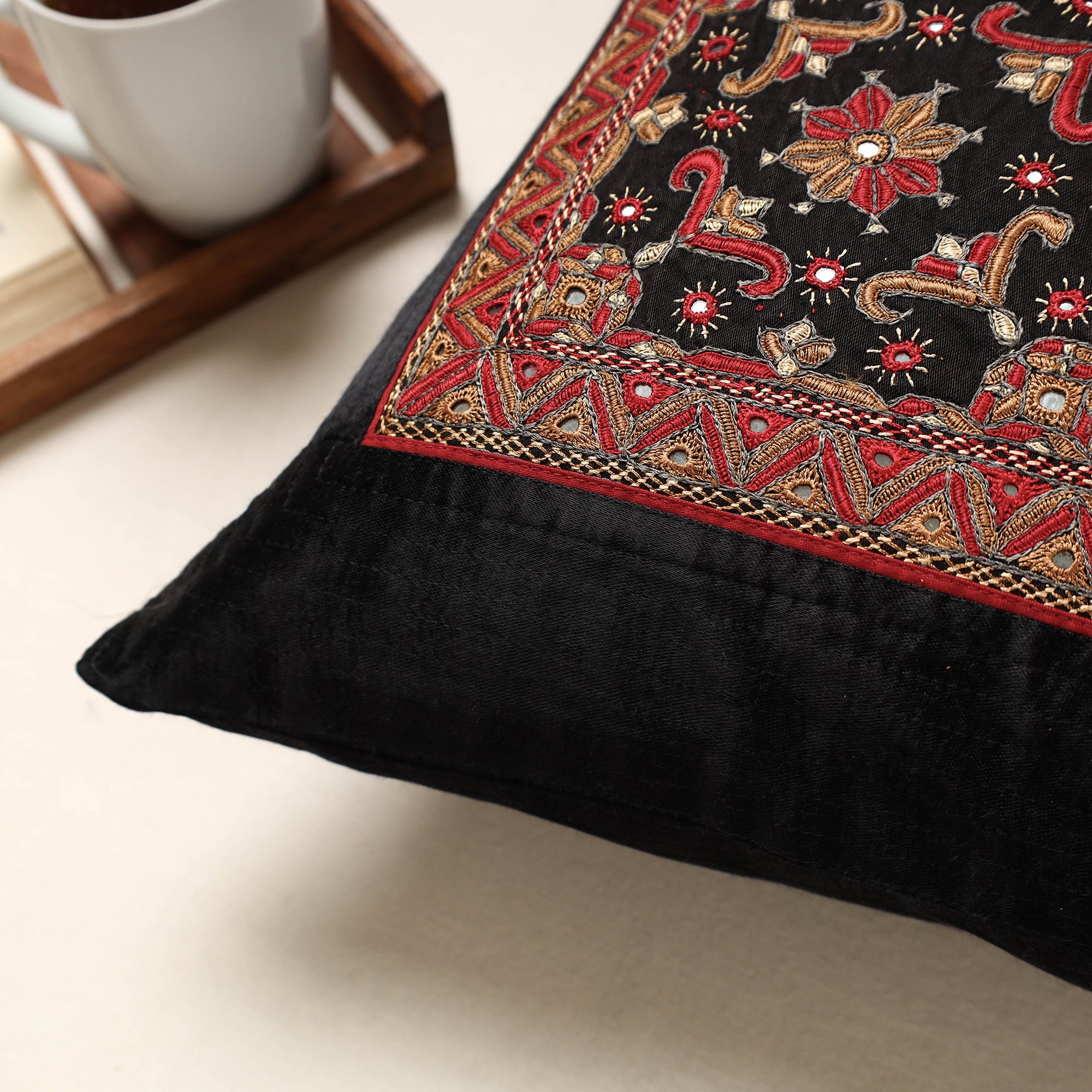 QASAB Black - Kutch Pakko Hand Embroidery Mashru Silk Cushion Cover (16 x 16 in) - view 2