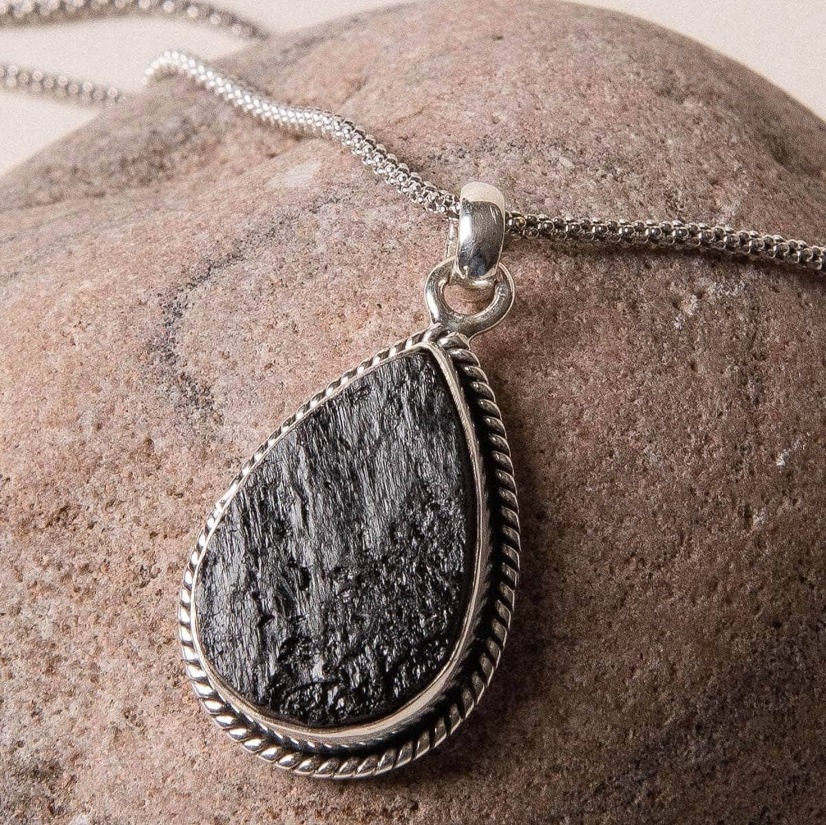 Tiny Rituals Vintage Raw Black Tourmaline Teardrop Silver Pendant - view 5