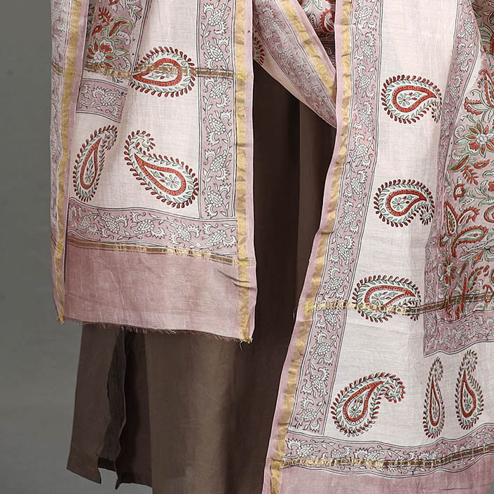 ARTISAN HAND BLOCK PRINTS Brown - Handloom Chanderi Silk Sanganeri Print Dupatta 42 - view 5