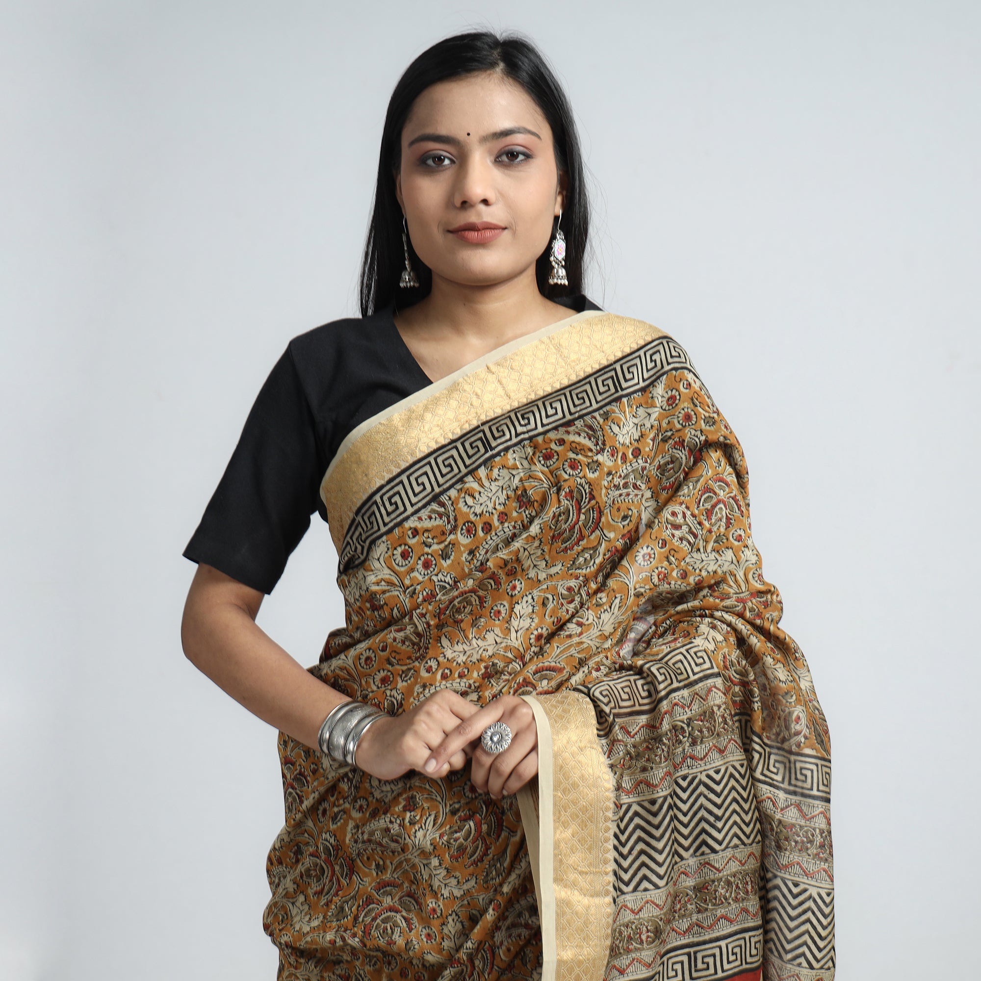 VENKATA BHANU KALAMKARI PEDANA Brown - Original Pedana Kalamkari Block Print Silk Saree - view 3